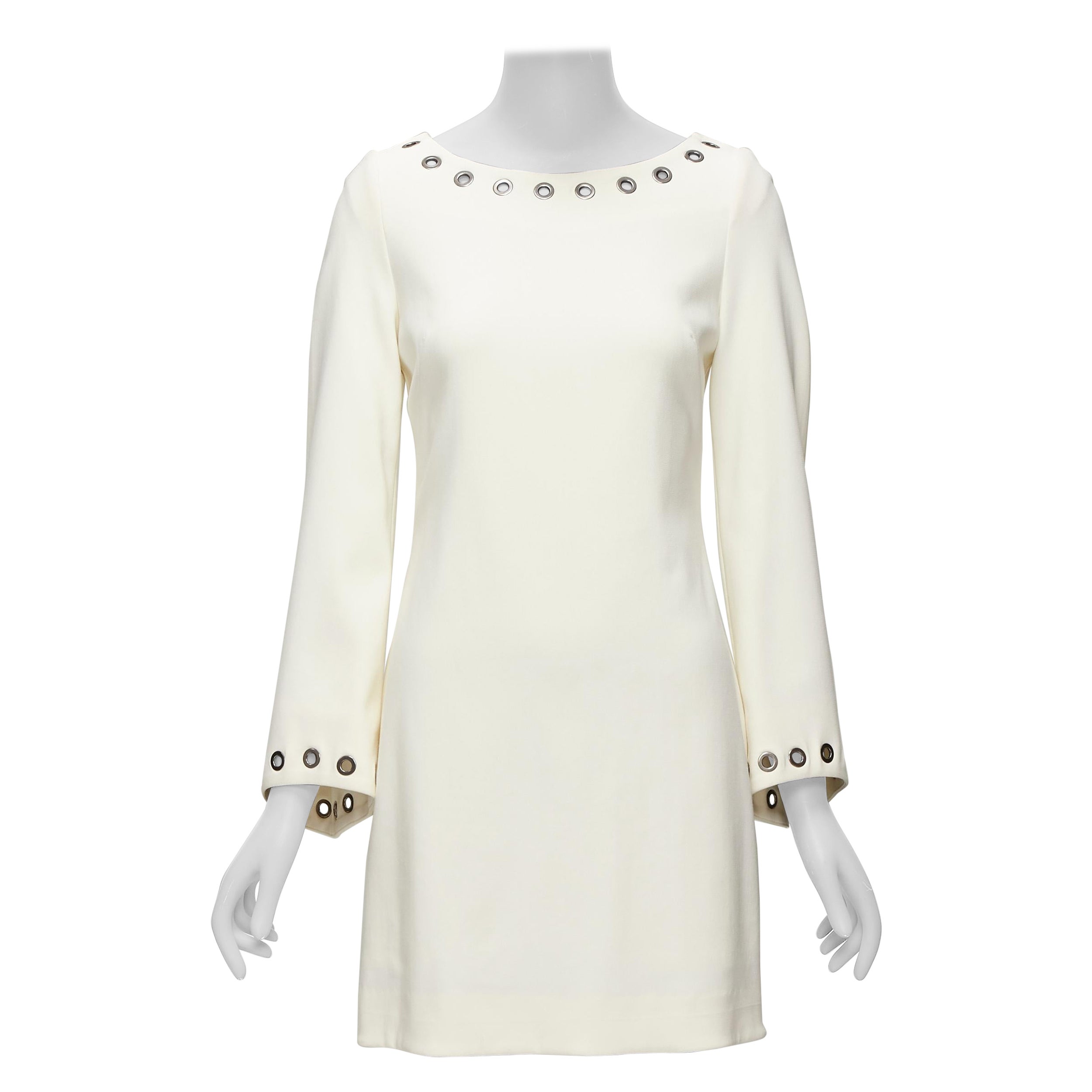CELINE Vintage grommet detail cream crepe bell sleeve mini shift dress For Sale