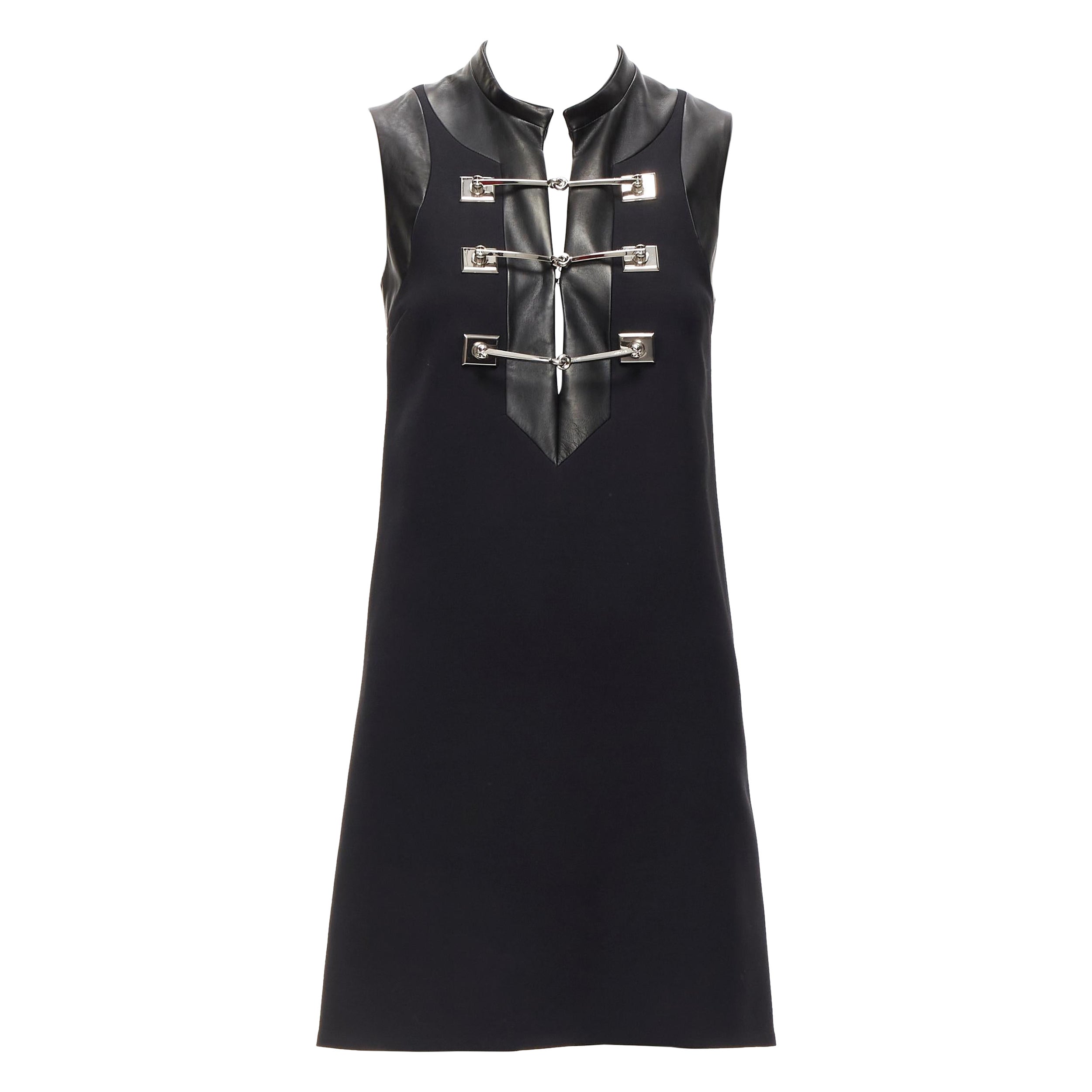 GUCCI 2014 Runway black wool leather silver horsebit buckle shift dress IT36 XXS For Sale