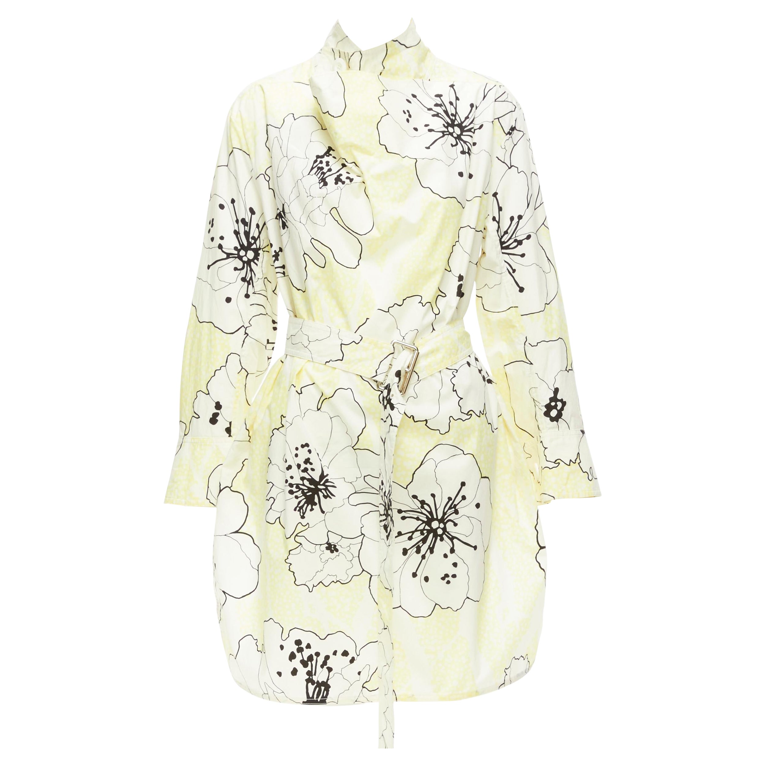 MARNI yellow white 100% cotton floral print belted cowl neck dress IT36 XXS For Sale