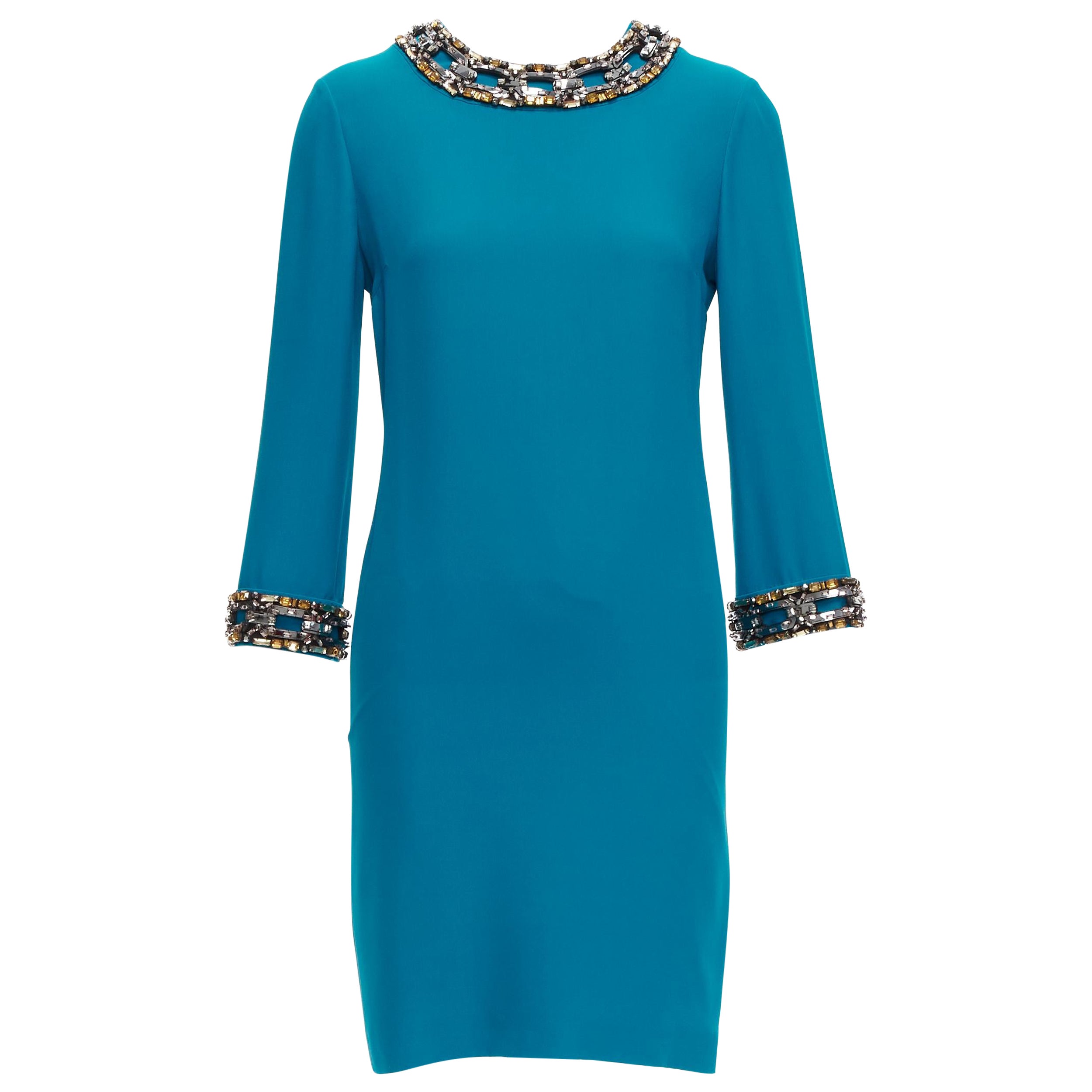 GUCCI Blaugrünes, blau-gelbes, silbernes, Kristall-Kristall-Shiftkleid mit klobiger Kettenverzierung IT40