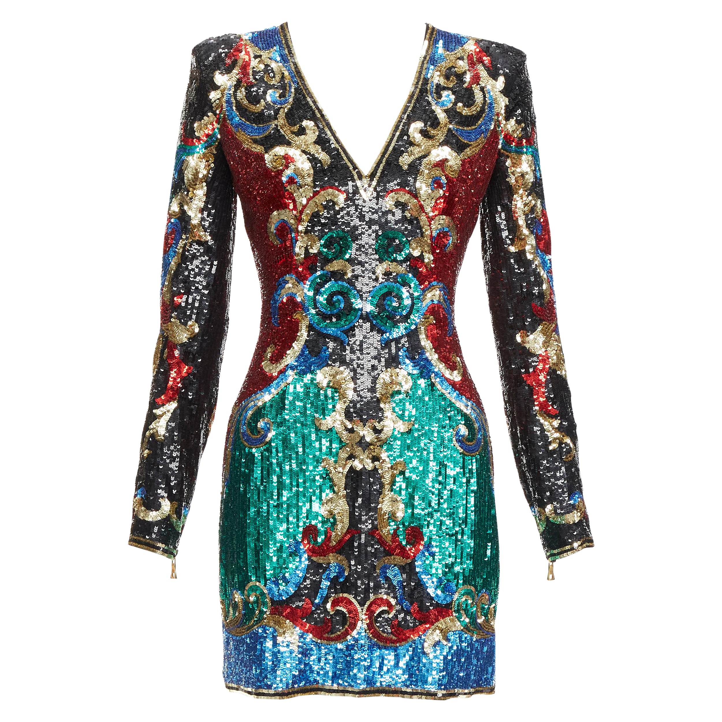 BALMAIN 2016 Runway 1970's baroque sequins V neck mini dress FR36 S Paris Hilton For Sale