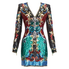 BALMAIN 2016 Runway 1970's baroque sequins V neck mini dress FR36 S Paris Hilton