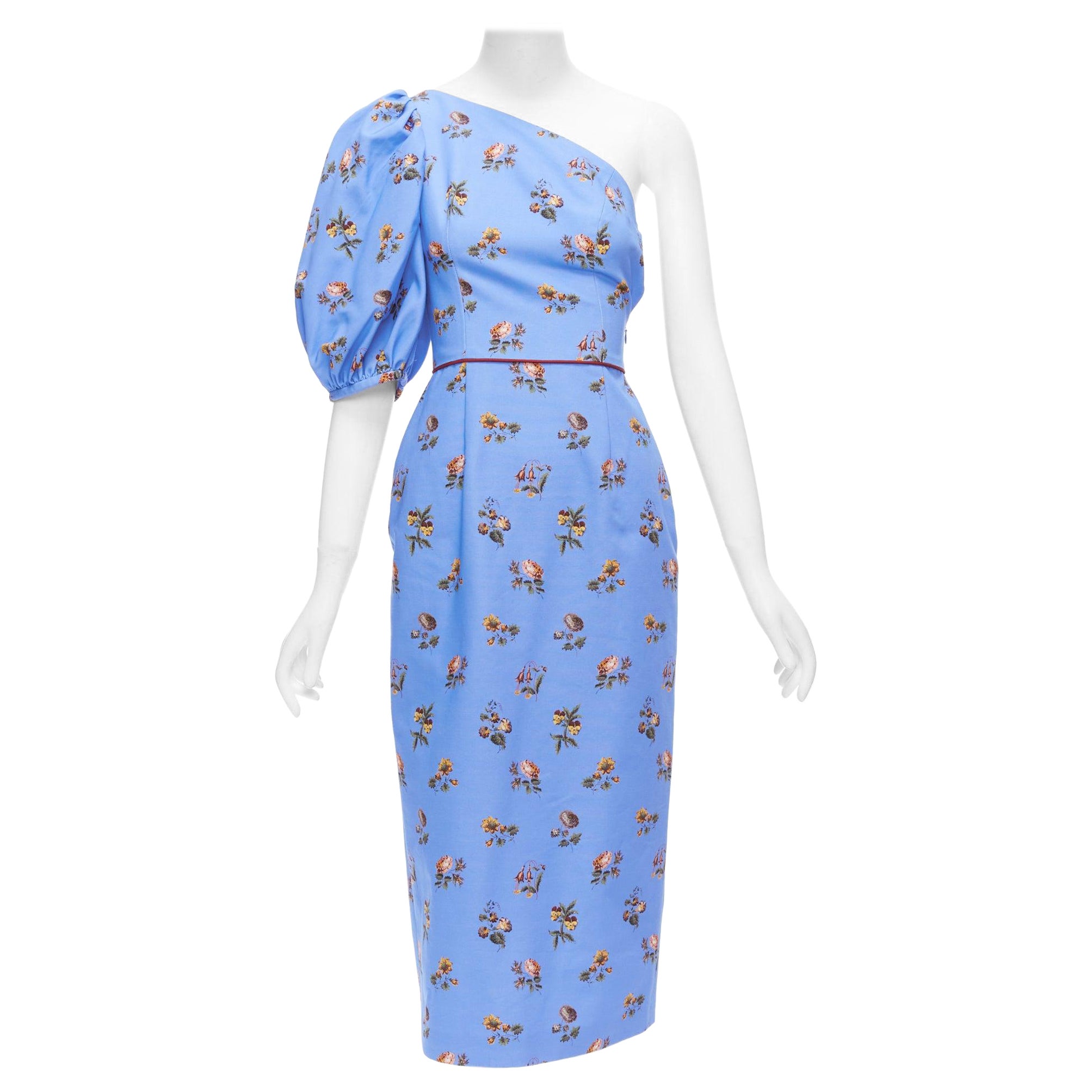 MARKARIAN Lorbeerblaues ein-Schulter-Kleid aus Baumwolle mit Periwinkle-Blumendruck US0 im Angebot