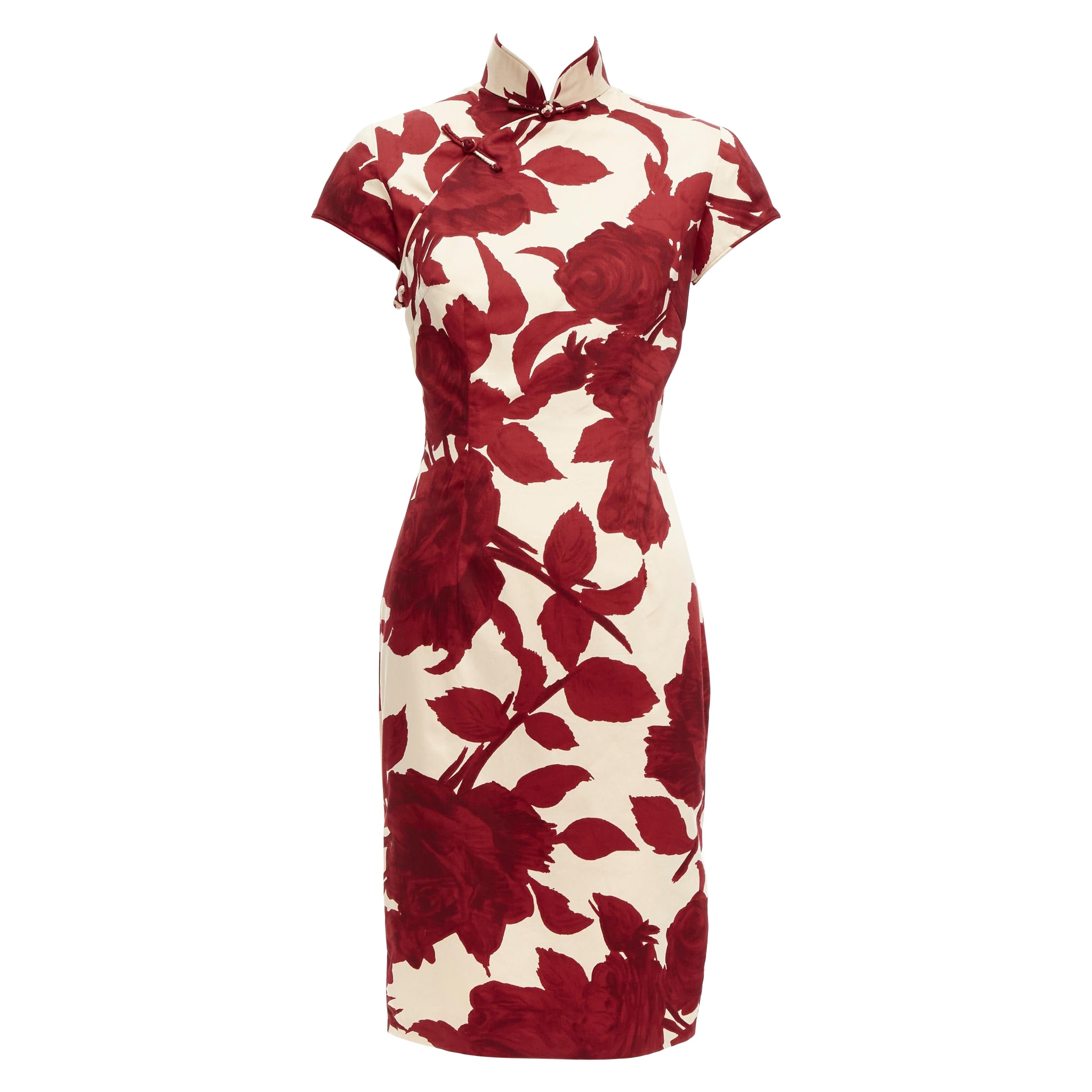 SHANGHAI TANG red beige rose floral print silk lined qipao dress UK6 XS For Sale