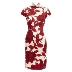 SHANGHAI TANG Robe Qipao doublée de soie à imprimé floral rouge beige rose GB6 XS