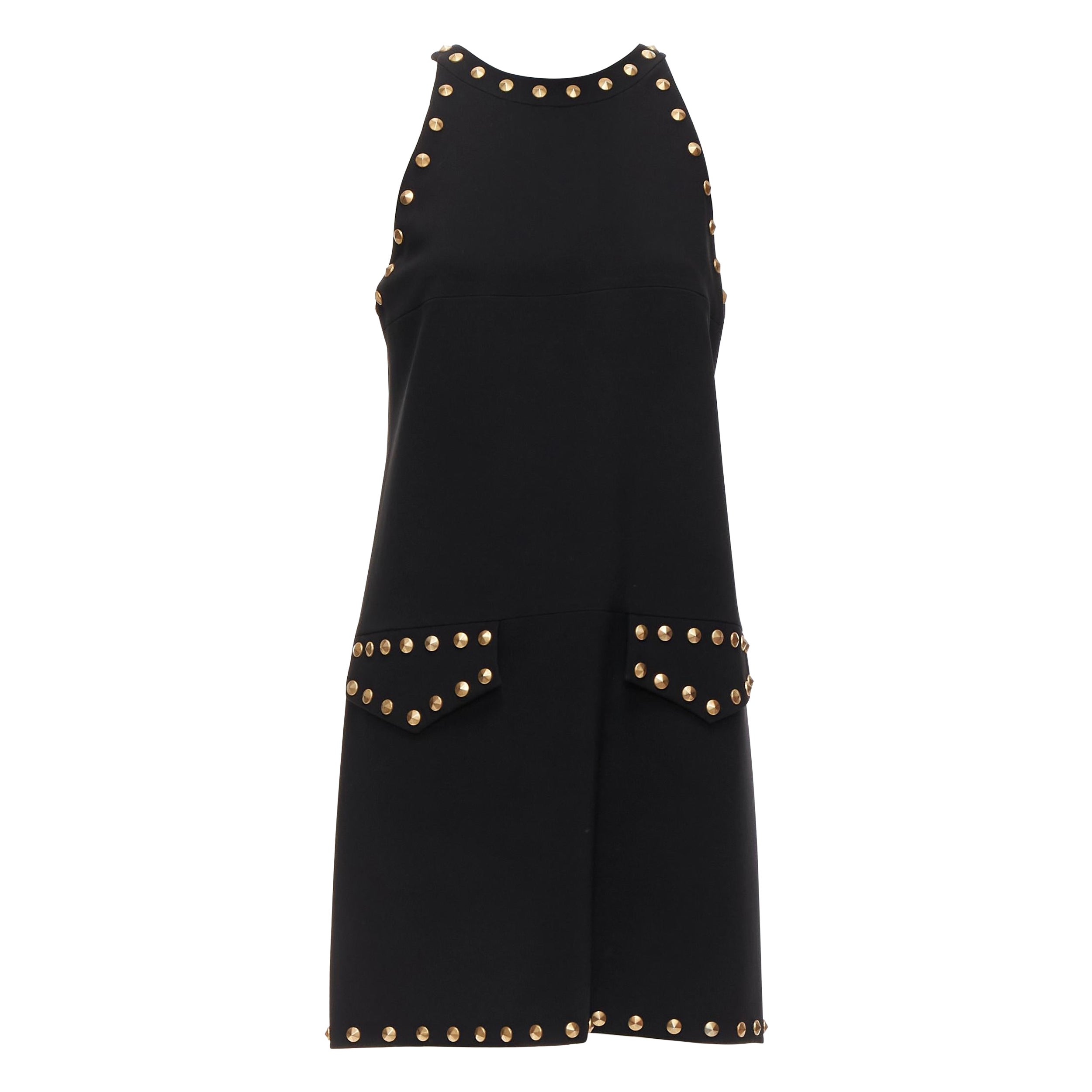 MOSCHINO black gold studded pocket flaps sleeveless dress IT40 S For Sale