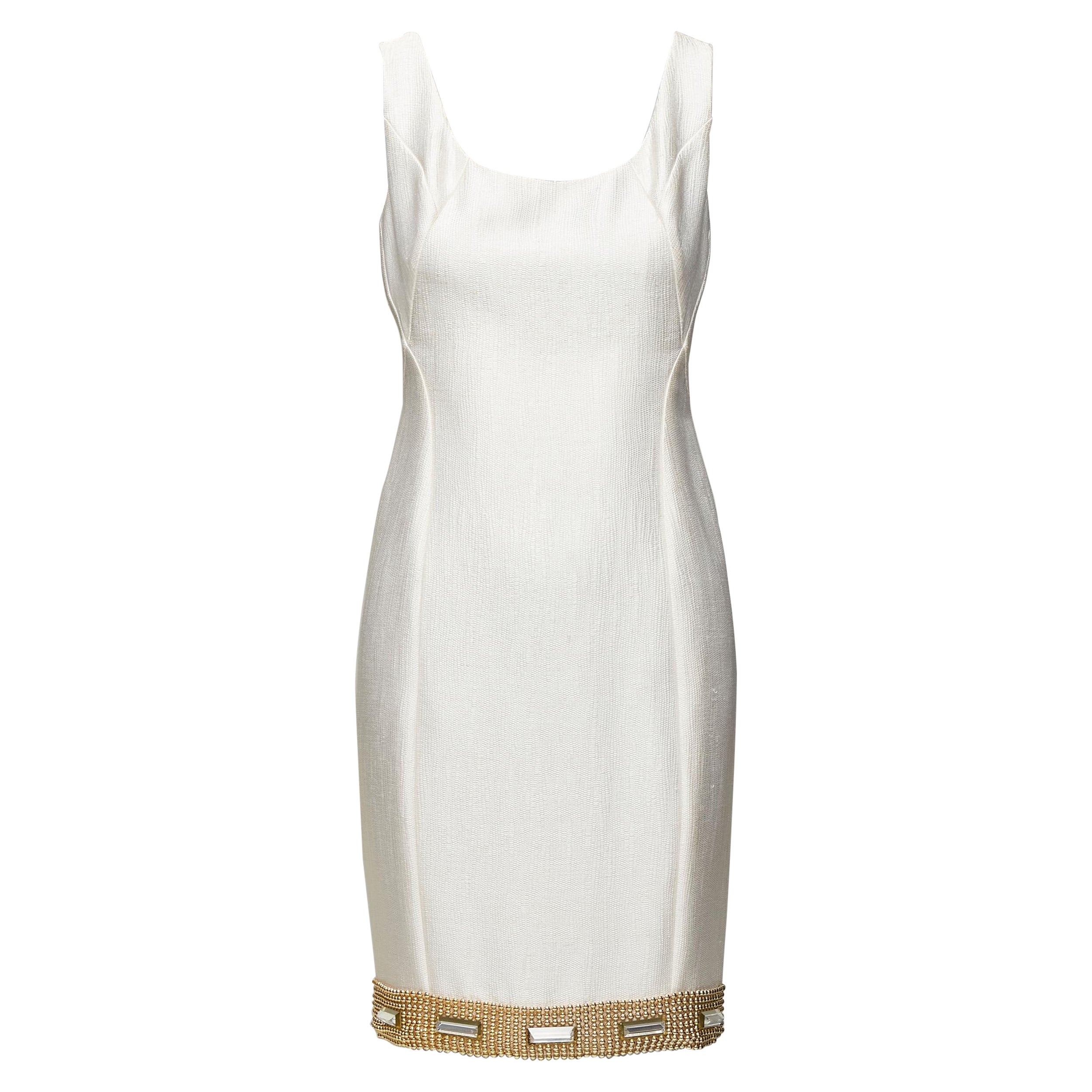 VERSACE cream gold bead clear crystal embellished hem shift dress IT38 XS For Sale