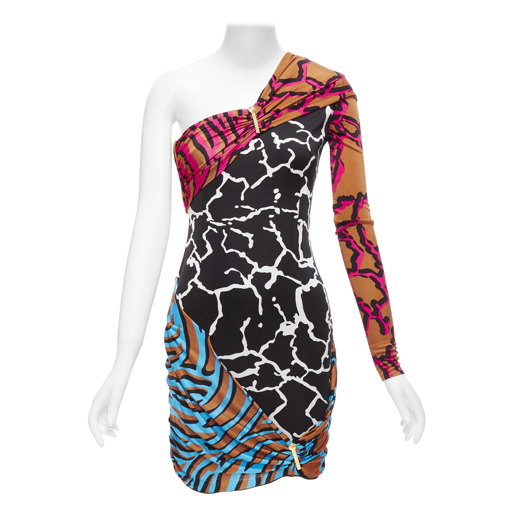 VERSACE Abito da passerella misto stampa giraffa con logo dorato, con clip e parrucca IT36 XXS in vendita