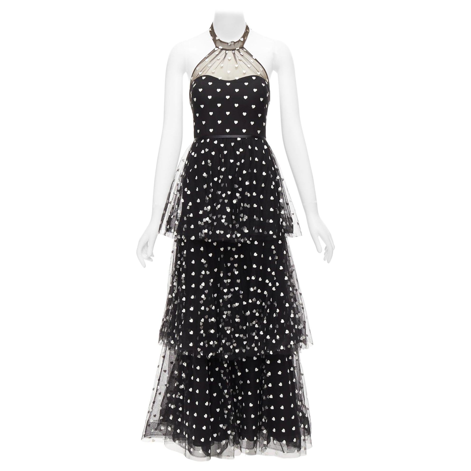 MARCHESA NOTTE black mesh white heart embroidered halter neck tiered gown US0 XS For Sale