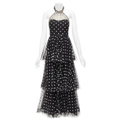 Used MARCHESA NOTTE black mesh white heart embroidered halter neck tiered gown US0 XS