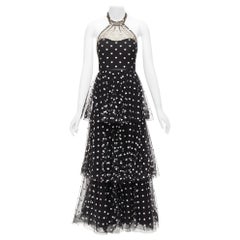 MARCHESA NOTTE black mesh white heart embroidered halter neck tiered gown US0 XS