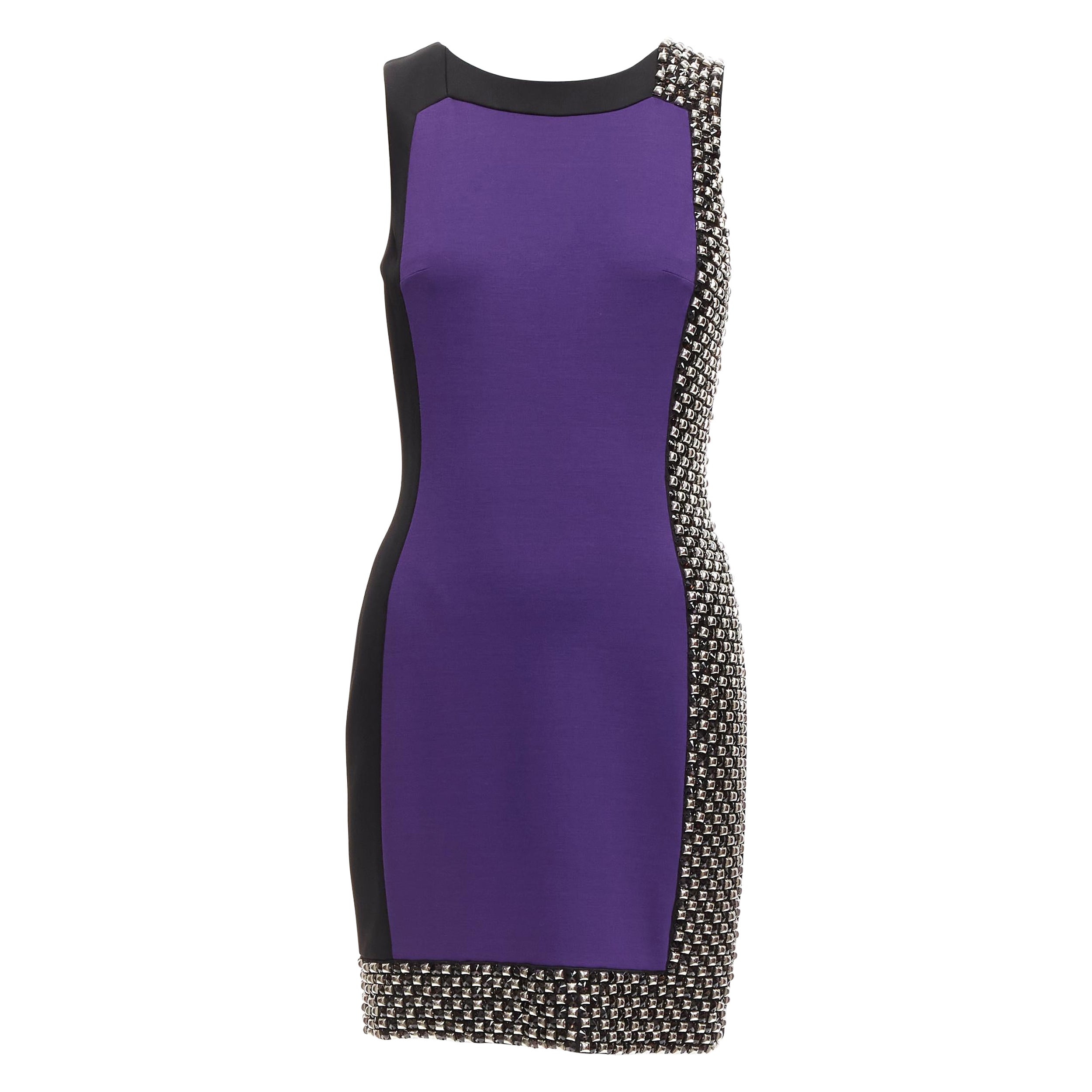 VERSACE purple silk blend silver studs colorblock mod shift dress IT42 M For Sale