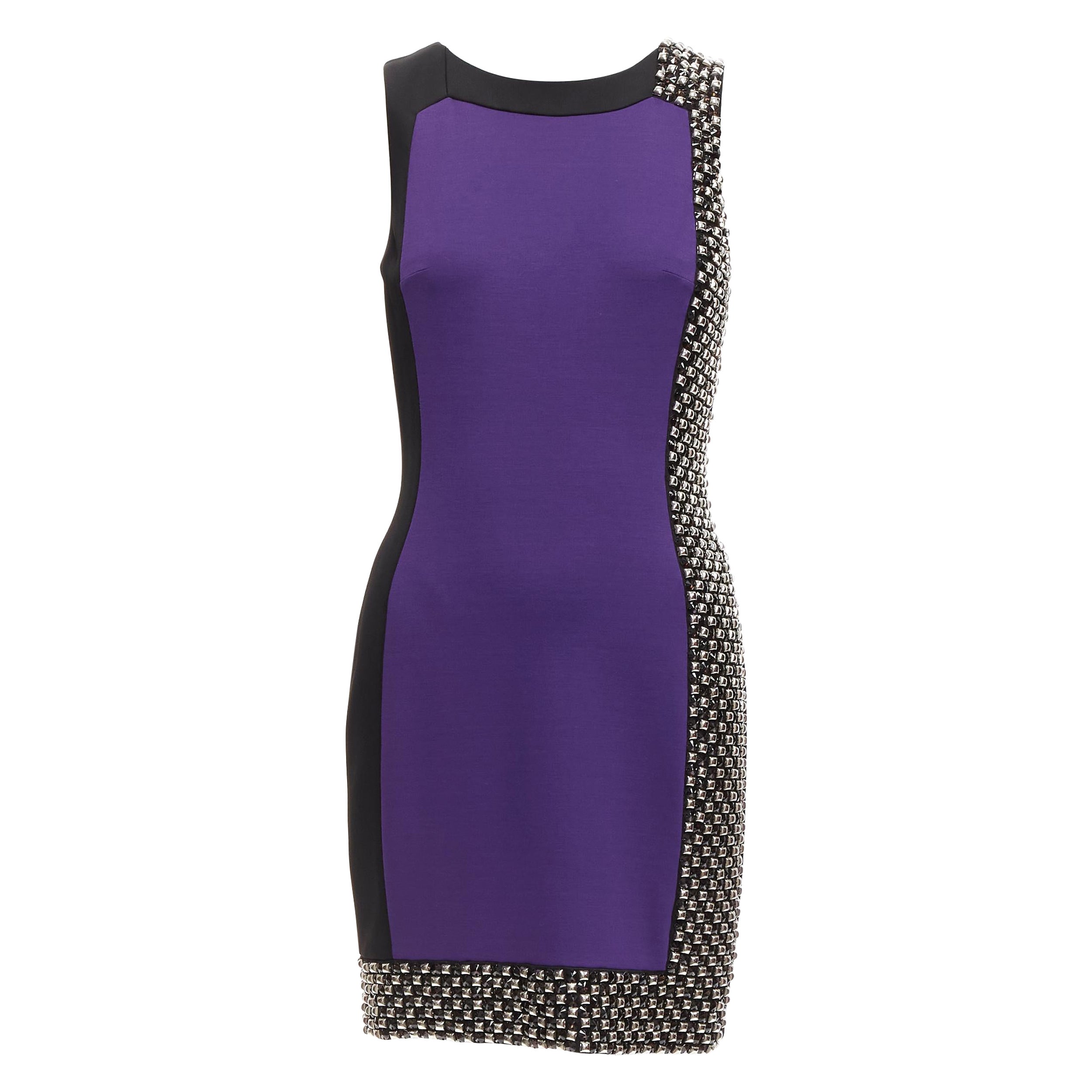 VERSACE vestido de seda púrpura con tachuelas plateadas y bloques de color IT42 M en venta