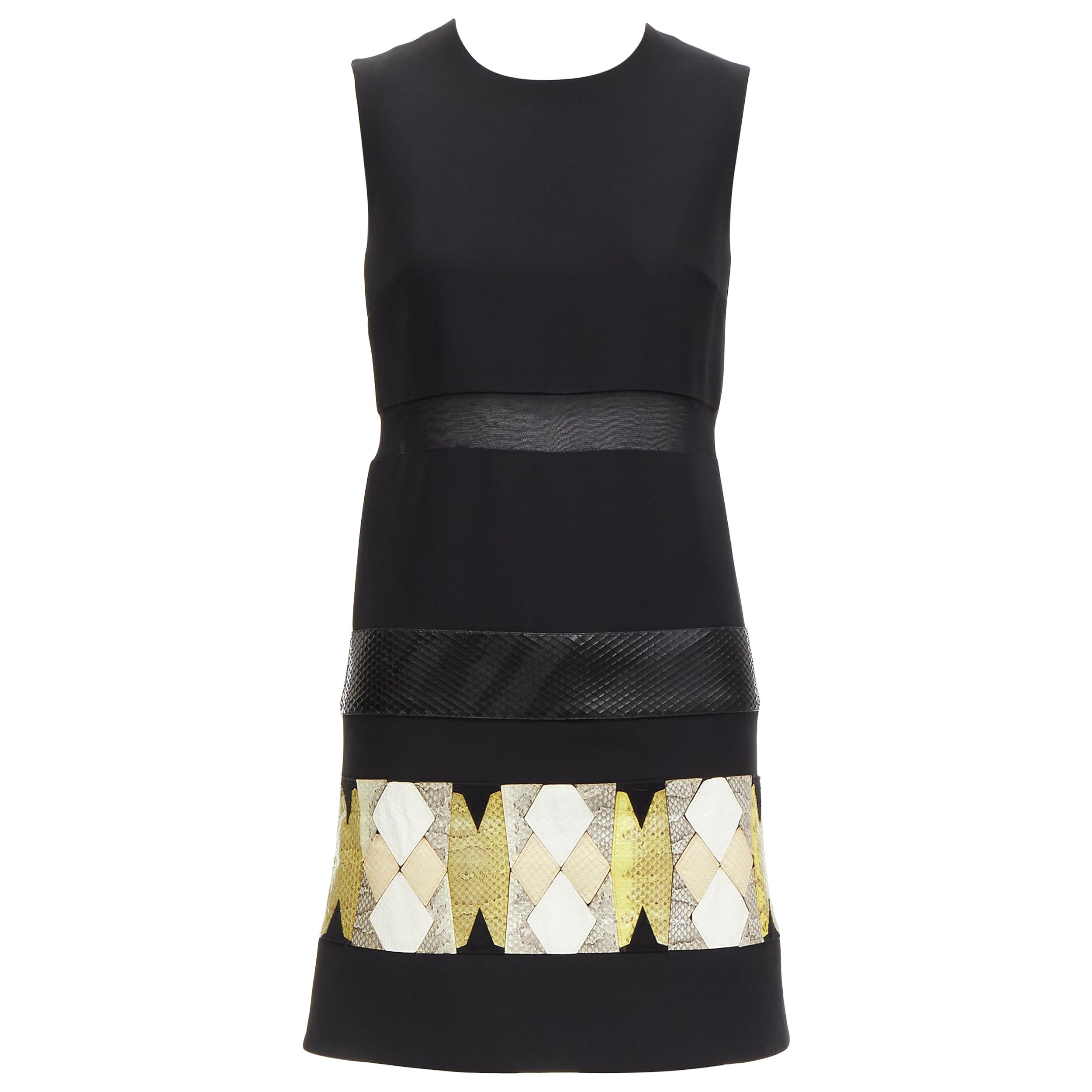 VERSACE 2014 black scaled leather patchwork sheer panel mod mini shift dress For Sale