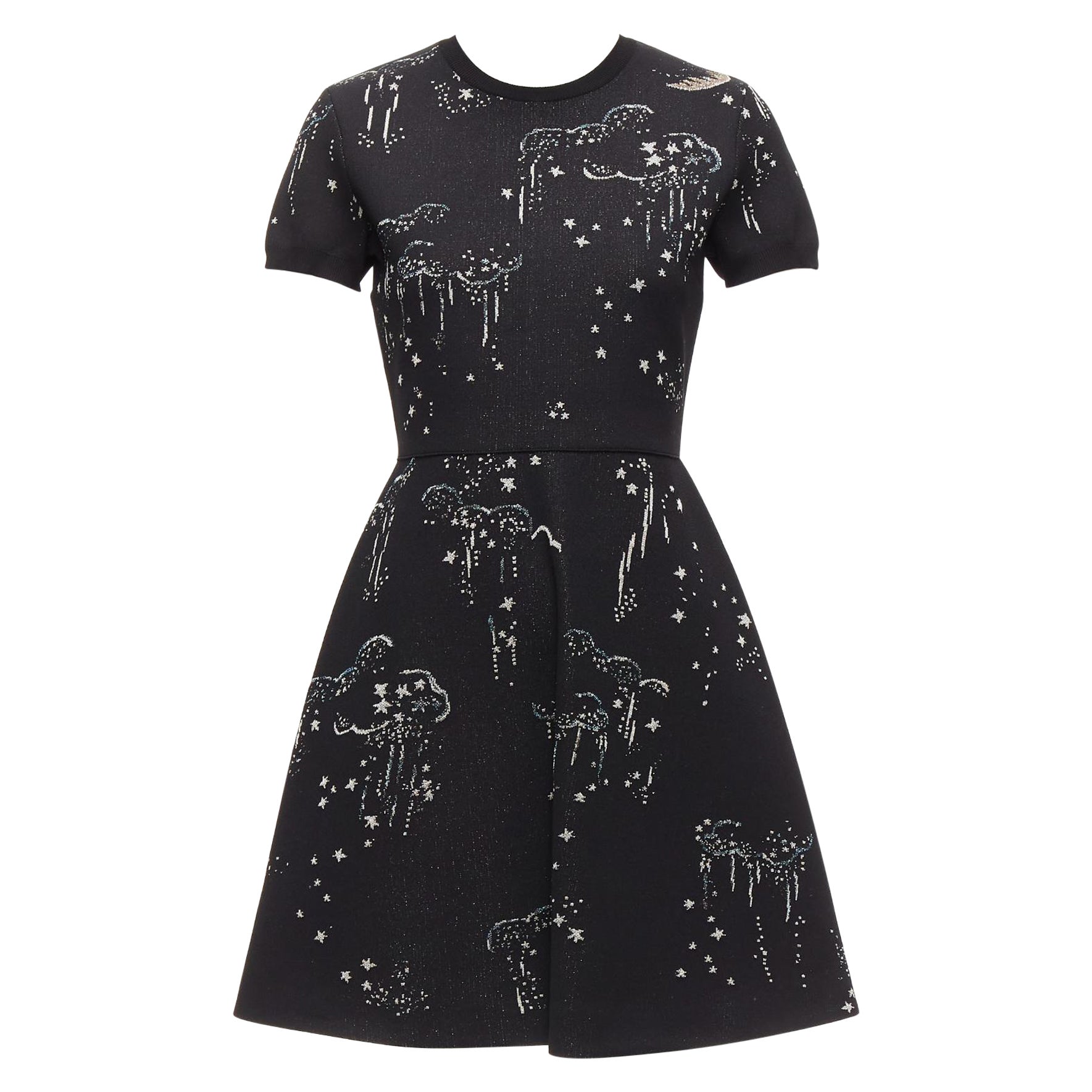 VALENTINO black glitter cloud star jacquard short sleeve fit flare dress S For Sale