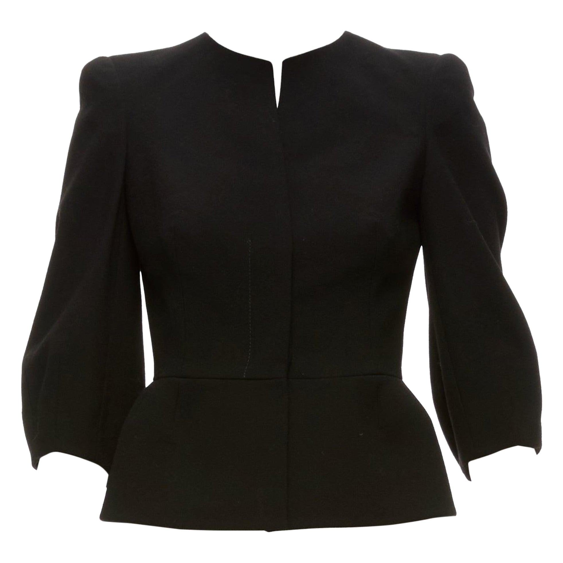 ALEXANDER MCQUEEN black 100% wool cropped sleeve peplum jacket IT38 XS For Sale