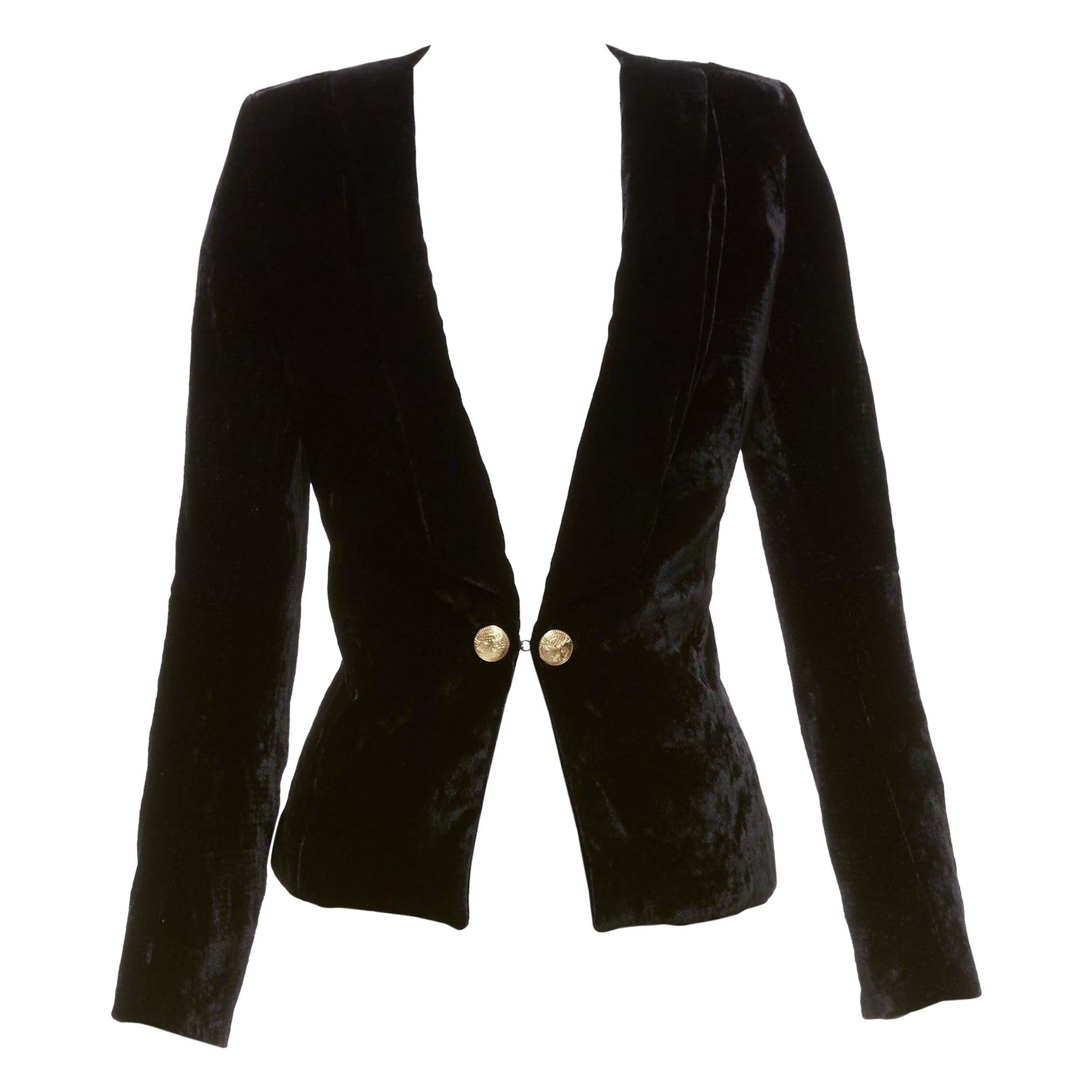 BALMAIN black velvet gold eagle buttons shoulder pads fitted blazer FR36 S For Sale