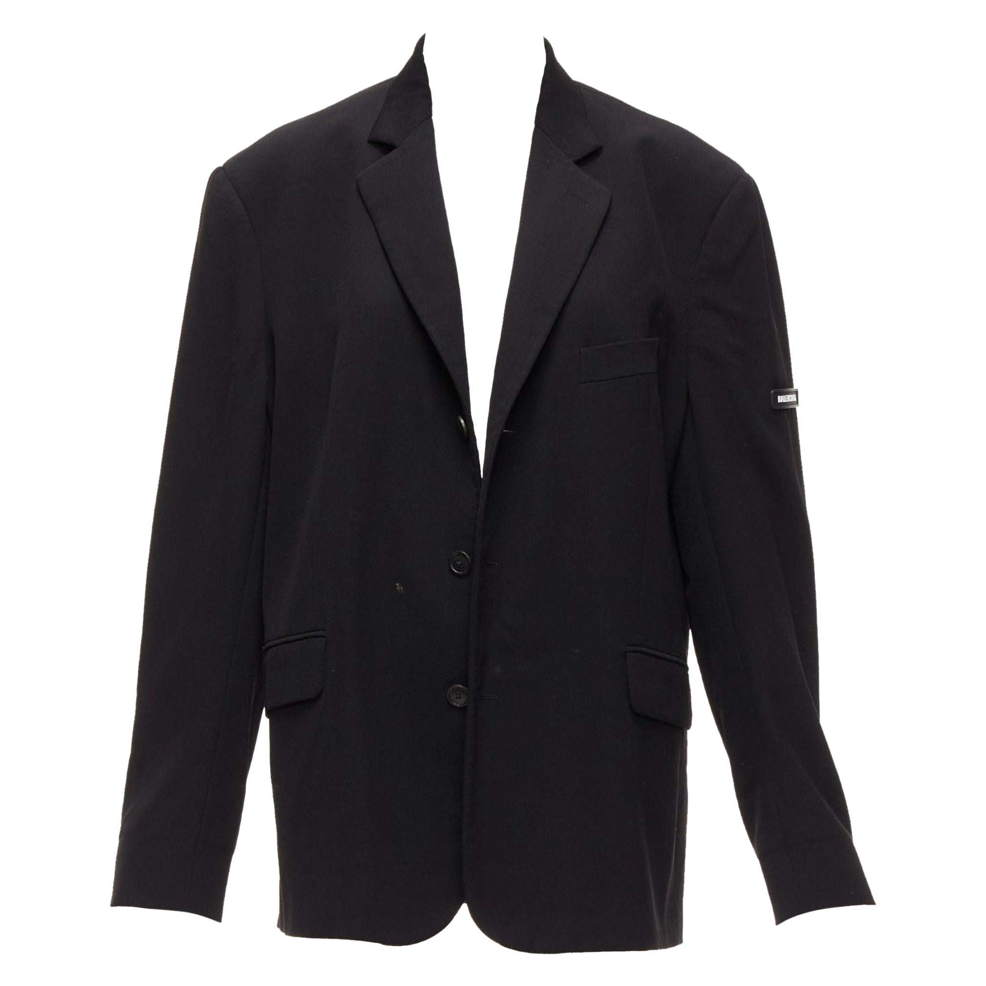 BALENCIAGA Runway black wool blend rubber skater logo oversized blazer FR36 S For Sale