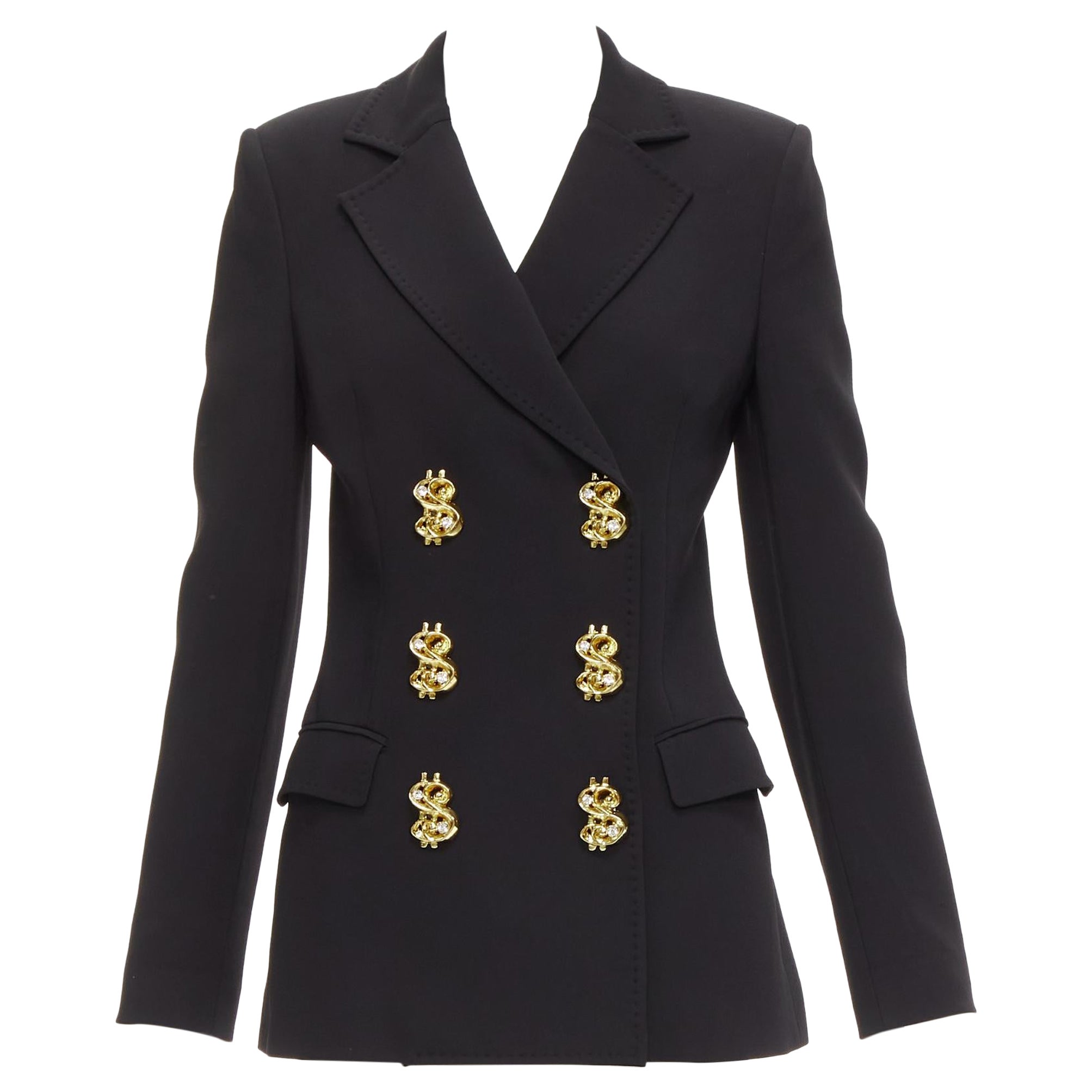 rare MOSCHINO Runway black gold crystal dollar sign button blazer jacket IT40 S For Sale