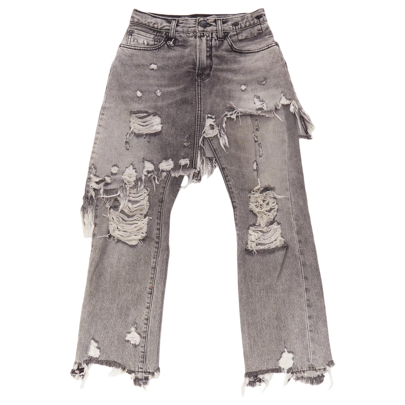 R13 grey distressed stone washed layered asymmetric skirt cropped jeans XS For Sale