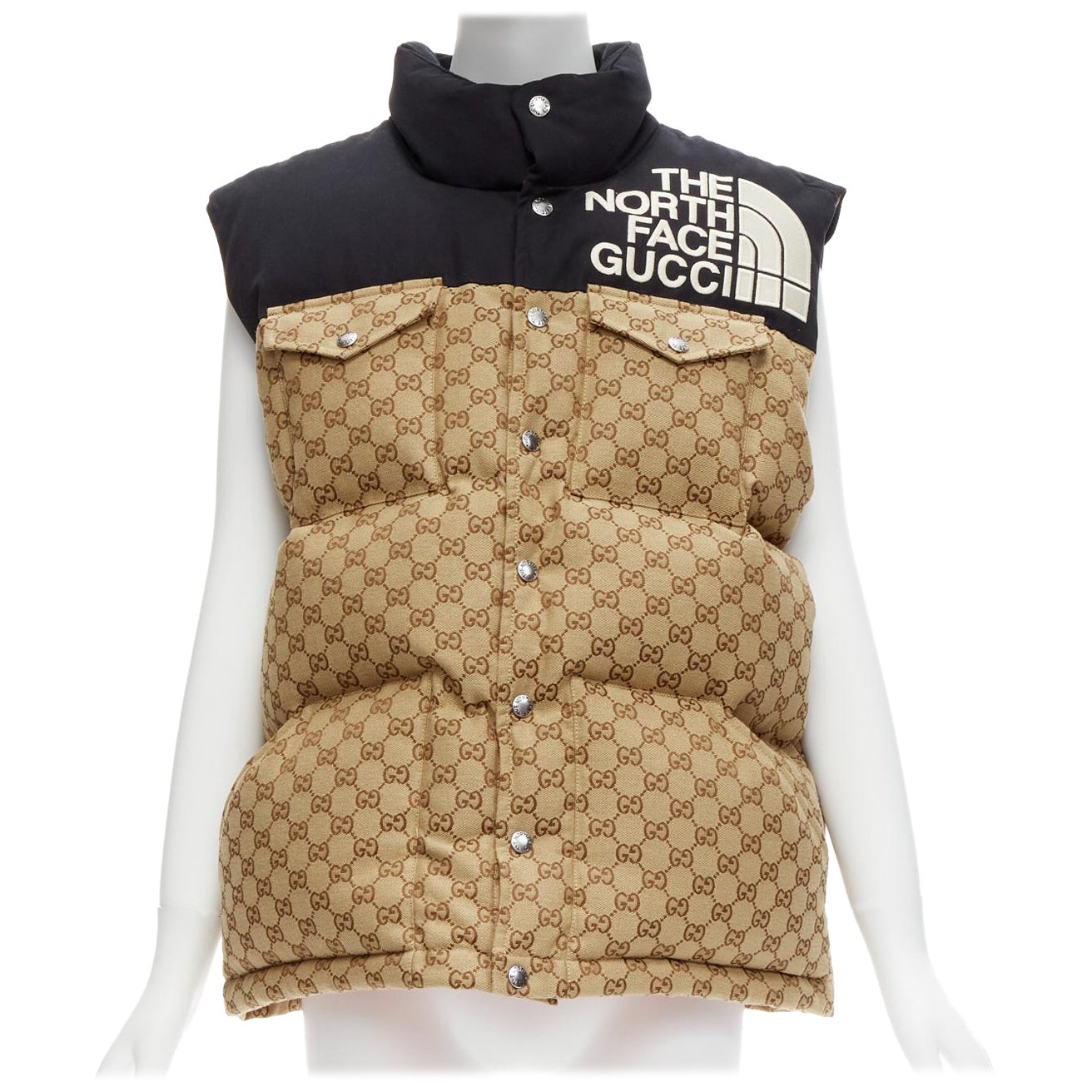 GUCCI THE NORTH FACE black beige big logo GG monogram padded vest jacket IT40 S For Sale