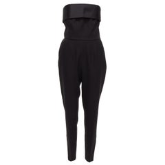 SAINT LAURENT 2014 Schwarzer trägerloser Jumpsuit aus Schurwolle und Seide mit Satinplatte FR38 M