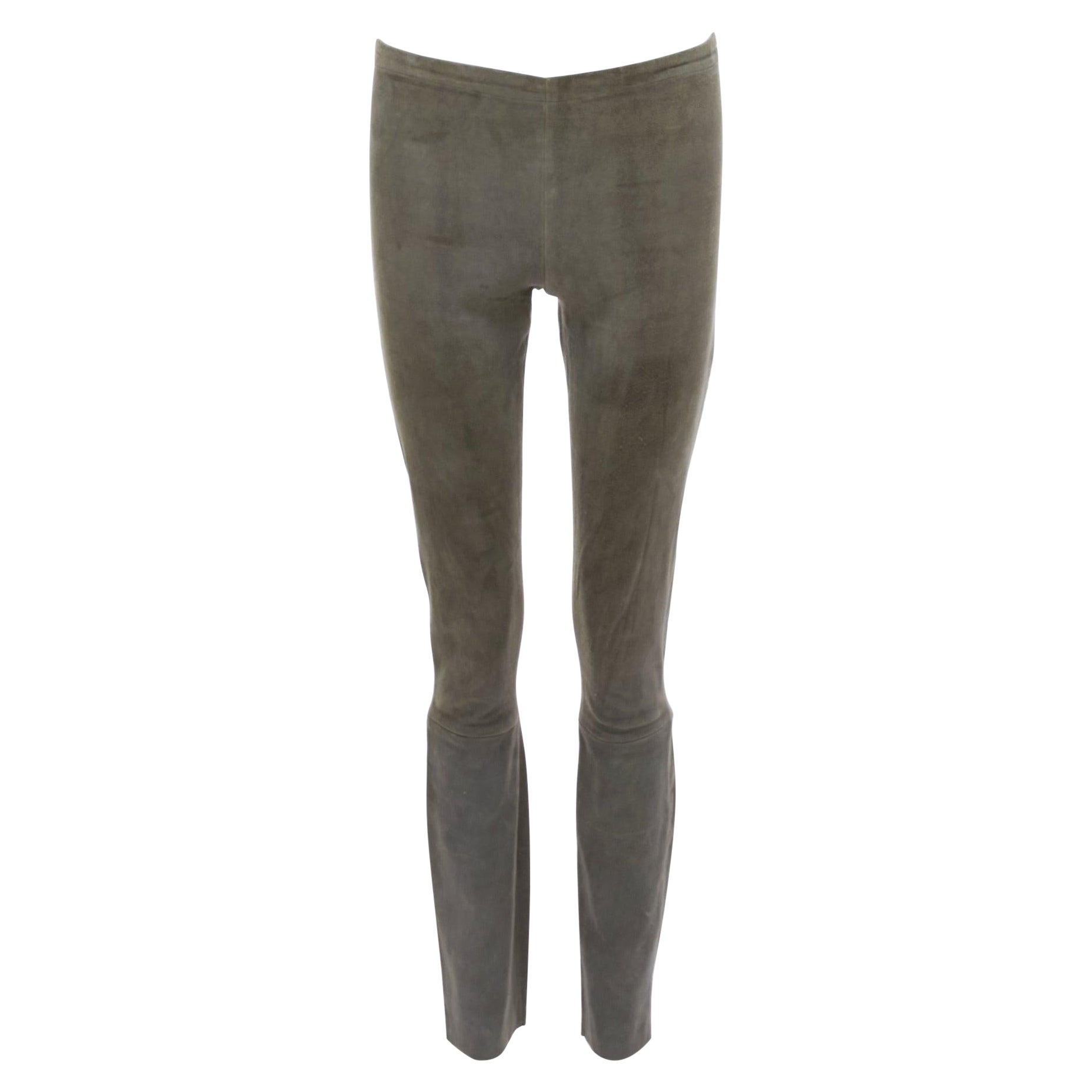 HAIDER ACKERMANN green grey suede leather flared legging pants FR36 S For Sale