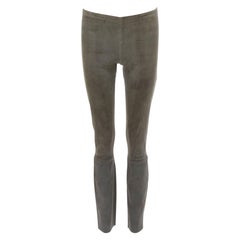 HAIDER ACKERMANN pantalon legging évasé en cuir velours gris vert FR36 S