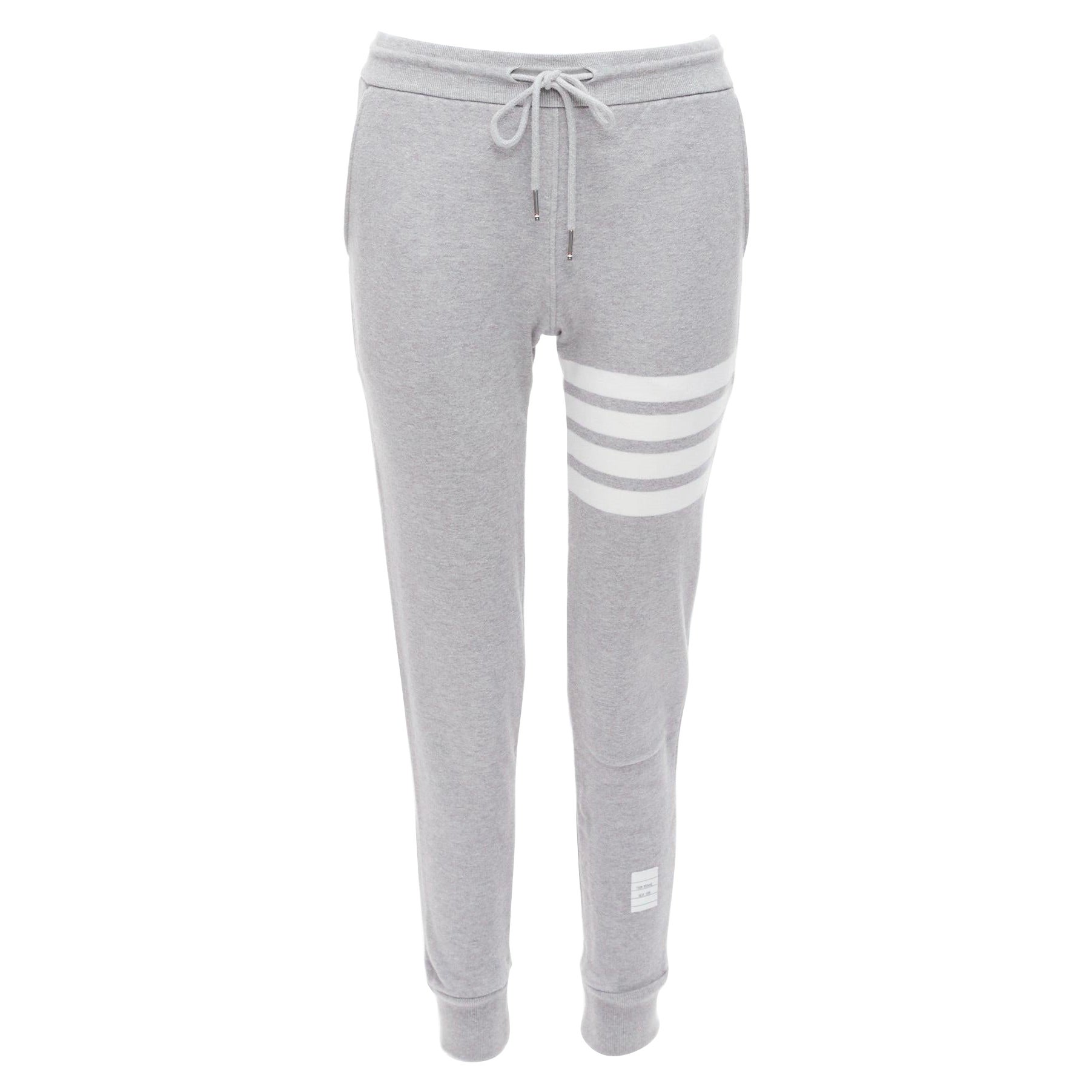 THOM BROWNE Four Bar grey white stripes cotton logo tab tapered sweat pants UK36 For Sale