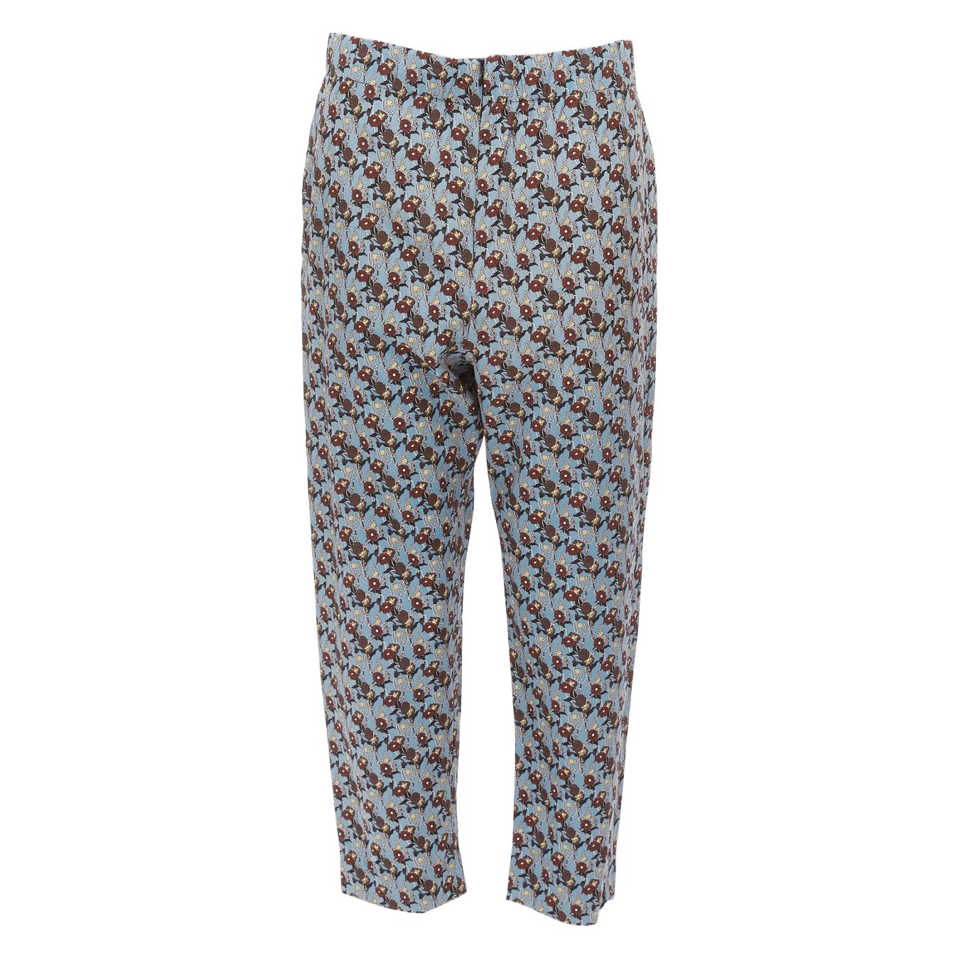 MARNI 100% silk blue burgundy floral drop crotch casual cropped pants IT40 S For Sale