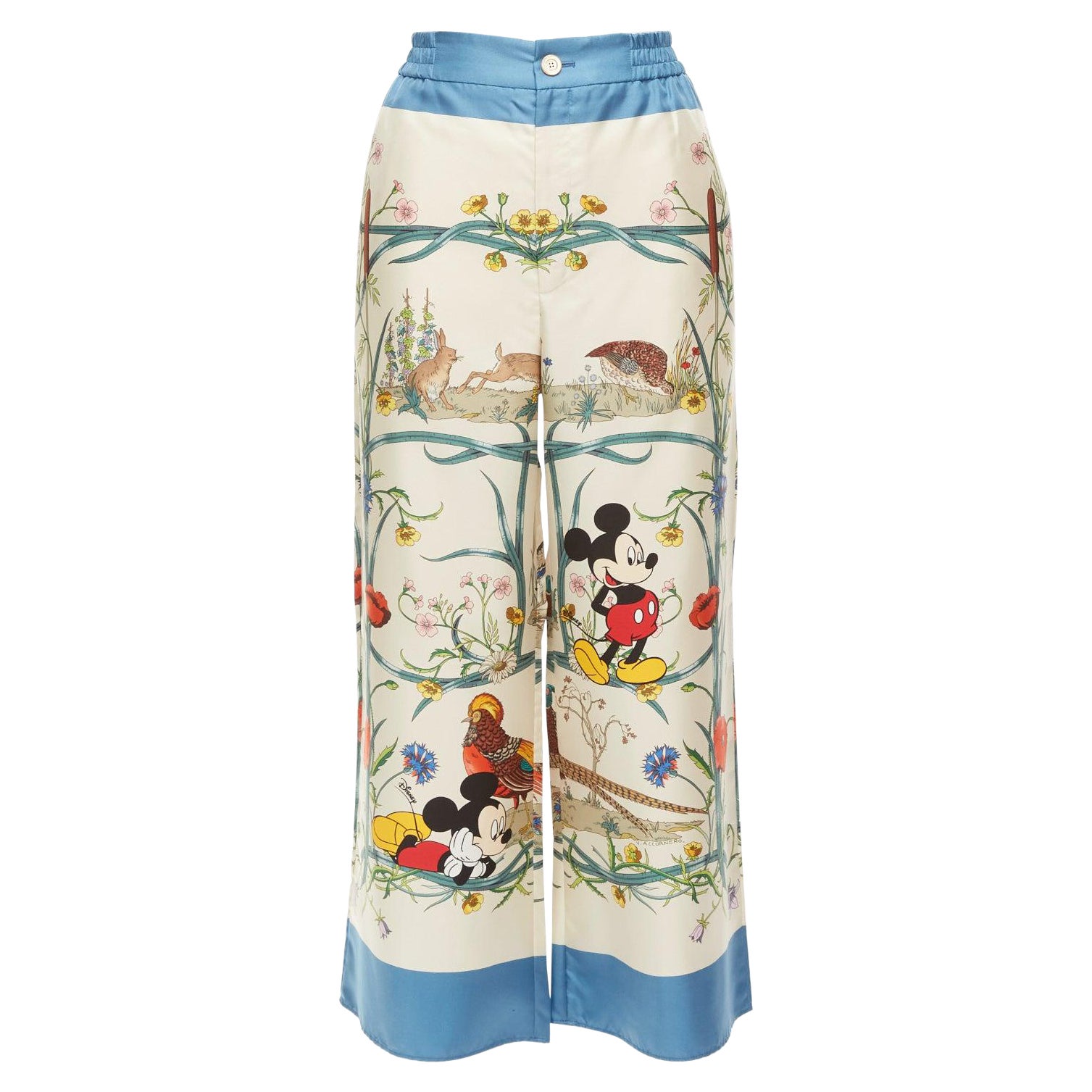 GUCCI Disney Mickey Mouse 100% silk floral print wide pants IT36 XXS For Sale