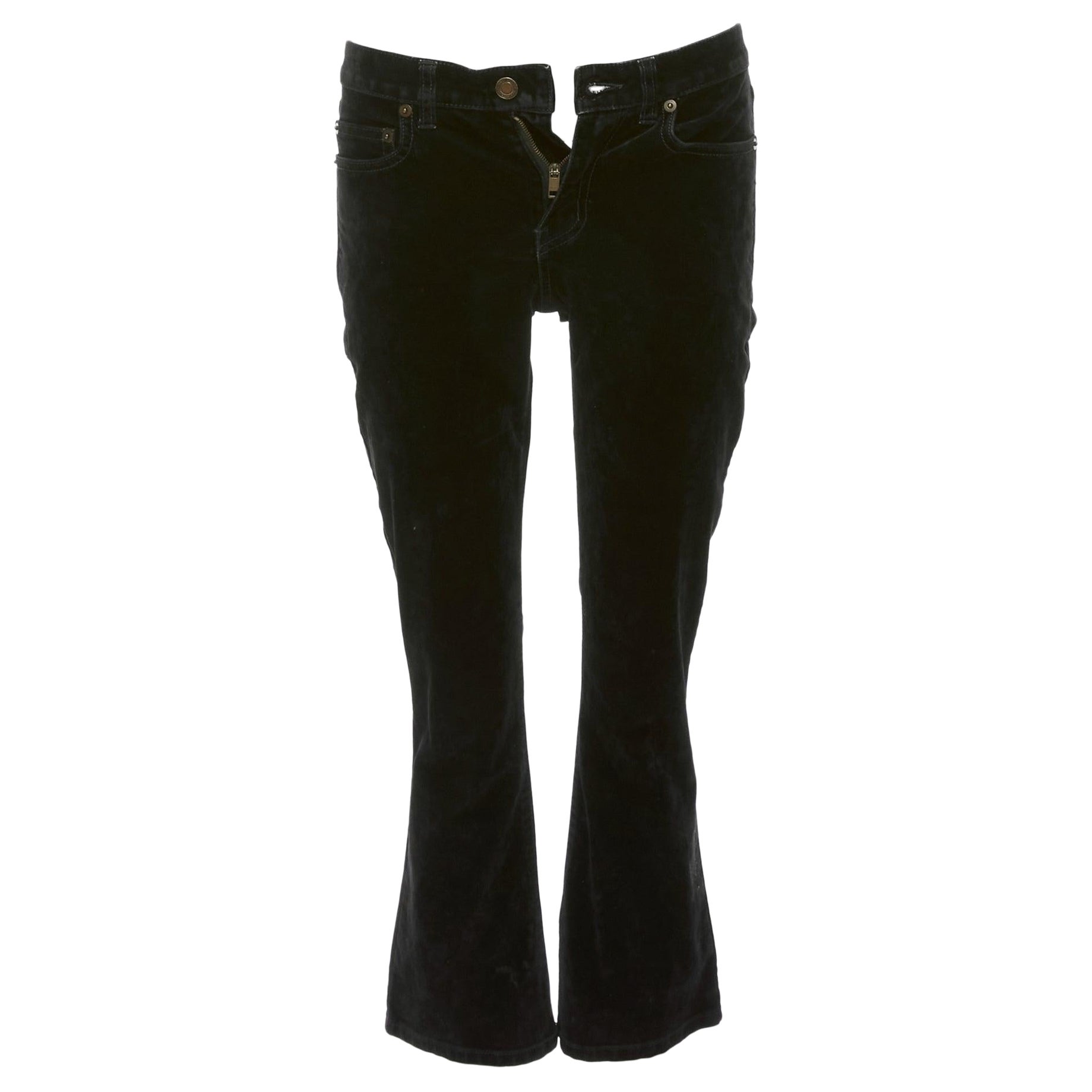 SAINT LAURENT 2018 black cotton blend velvet mid waist flare cropped pants 25" For Sale