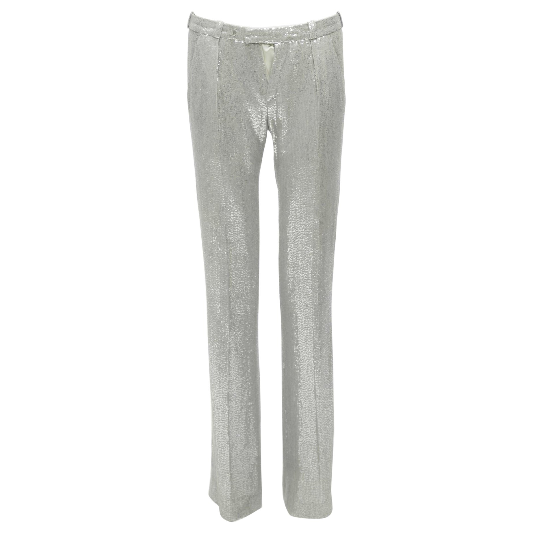 ALEXIS MABILLE 100% silk silver sequinned straight leg trouser pants FR36 S For Sale