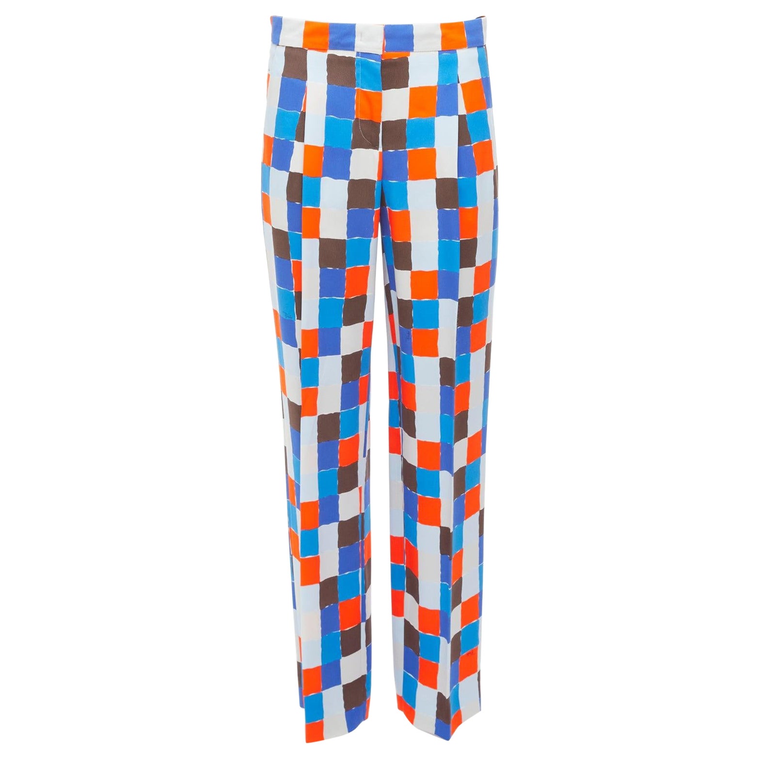 EMILIO PUCCI Runway orange blue watercolour check mid waist pants IT38 XS For Sale