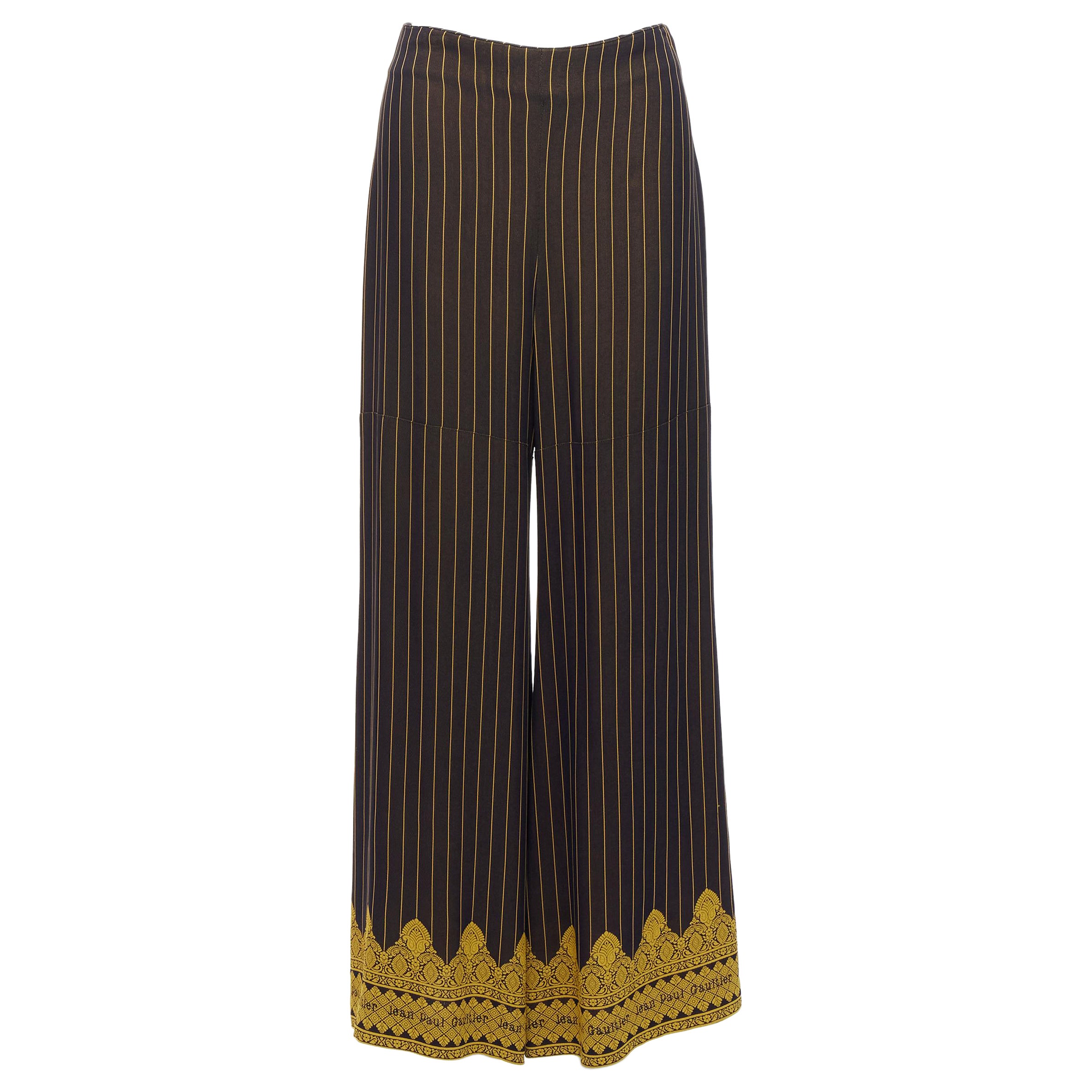 JEAN PAUL GAULTIER FEMME black gold striped logo trim wide leg pants IT40 L For Sale