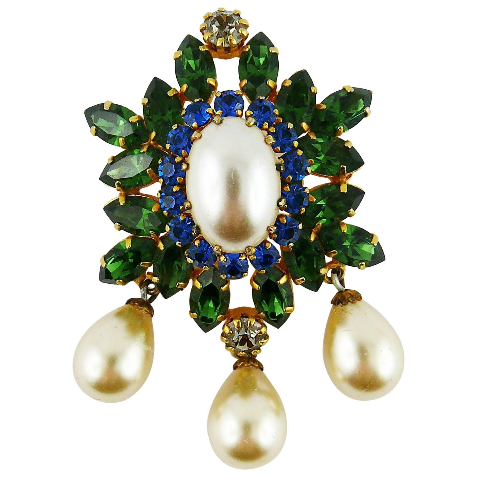 Vintage Bejeweled Faux Pearl Brooch For Sale
