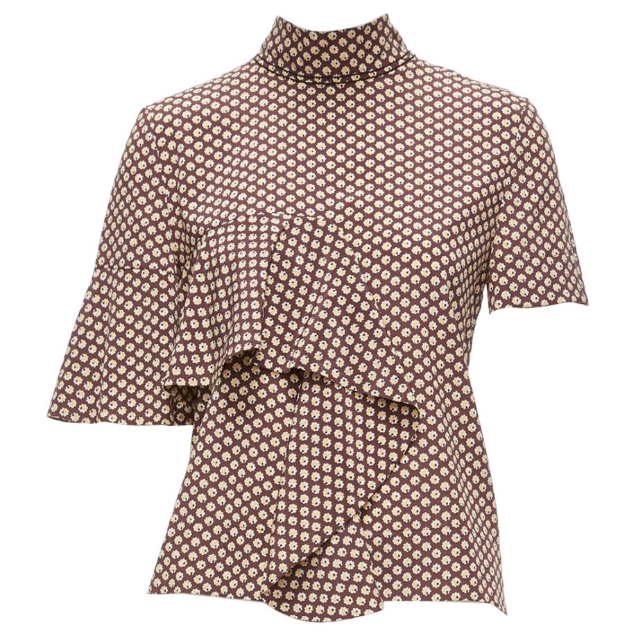 MARNI brown yellow floral asymmetric ruffle drapes hi neck top IT38 XS