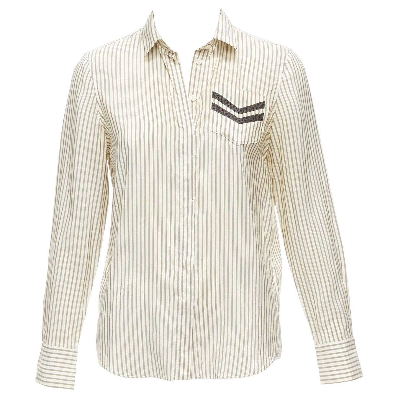 BRUNELLO CUCINELLI cream grey stripe black V beaded pocket dress shirt XS For Sale