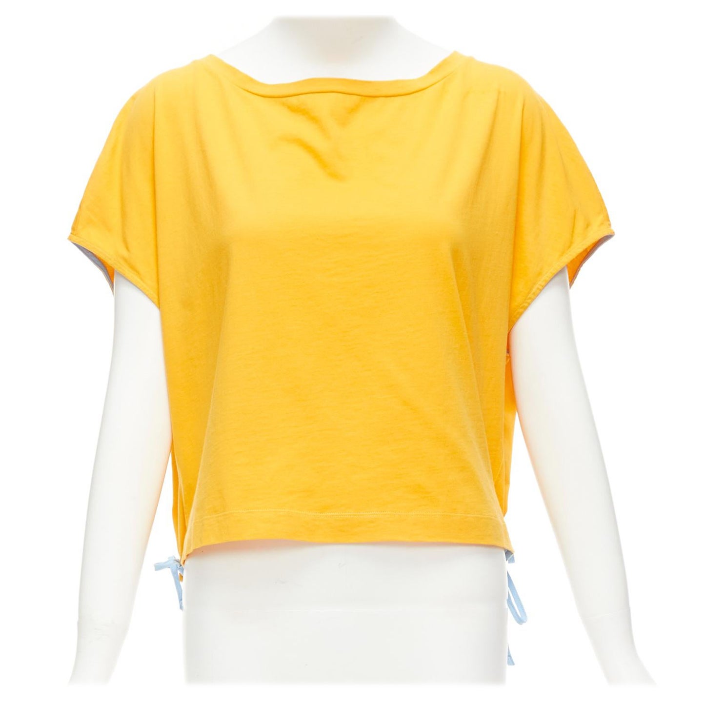 MARNI mango yellow cotton blue trim ruched sides cap sleeve t-shirt top IT38 XS For Sale