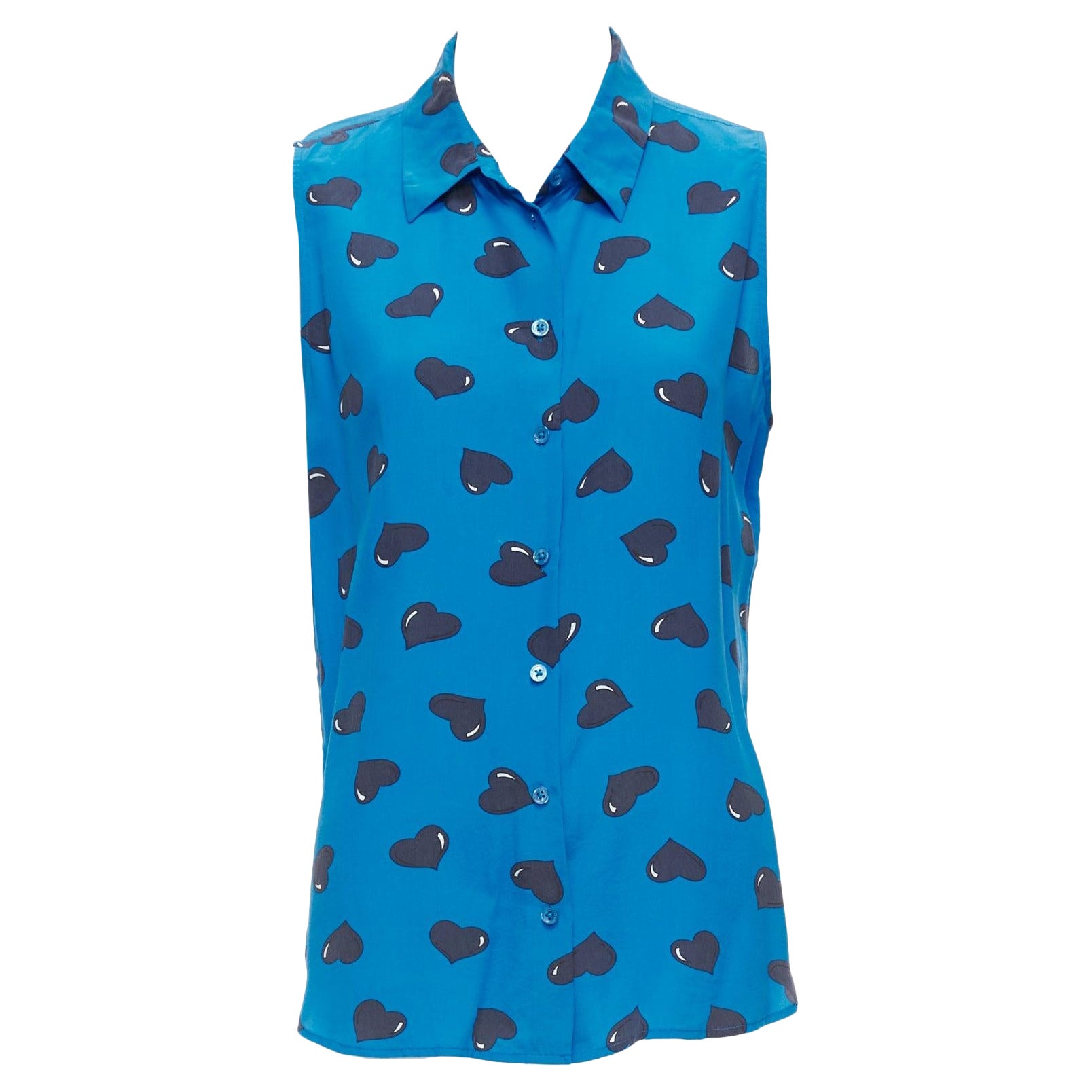 EQUIPMENT 100% silk  electric blue black heart printed sleeveless blouse M For Sale