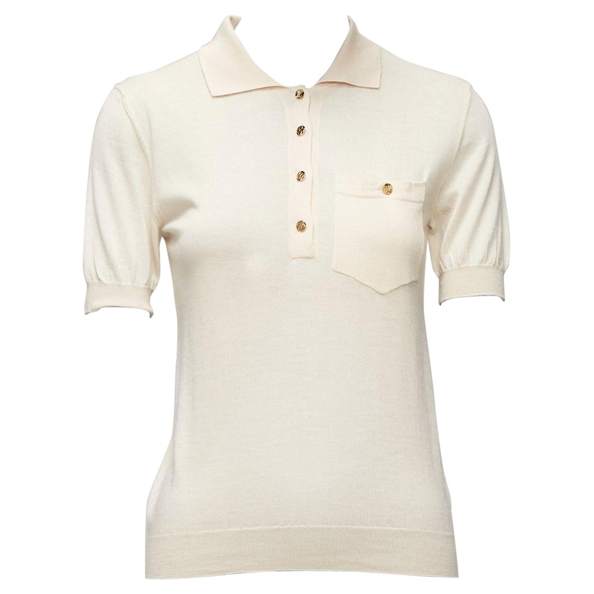 LOUIS VUITTON beige soft knit gold LV logo button pocketed polo shirt XS For Sale