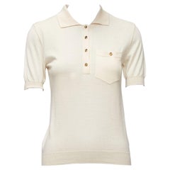 LOUIS VUITTON beige soft knit gold LV logo button pocketed polo shirt XS