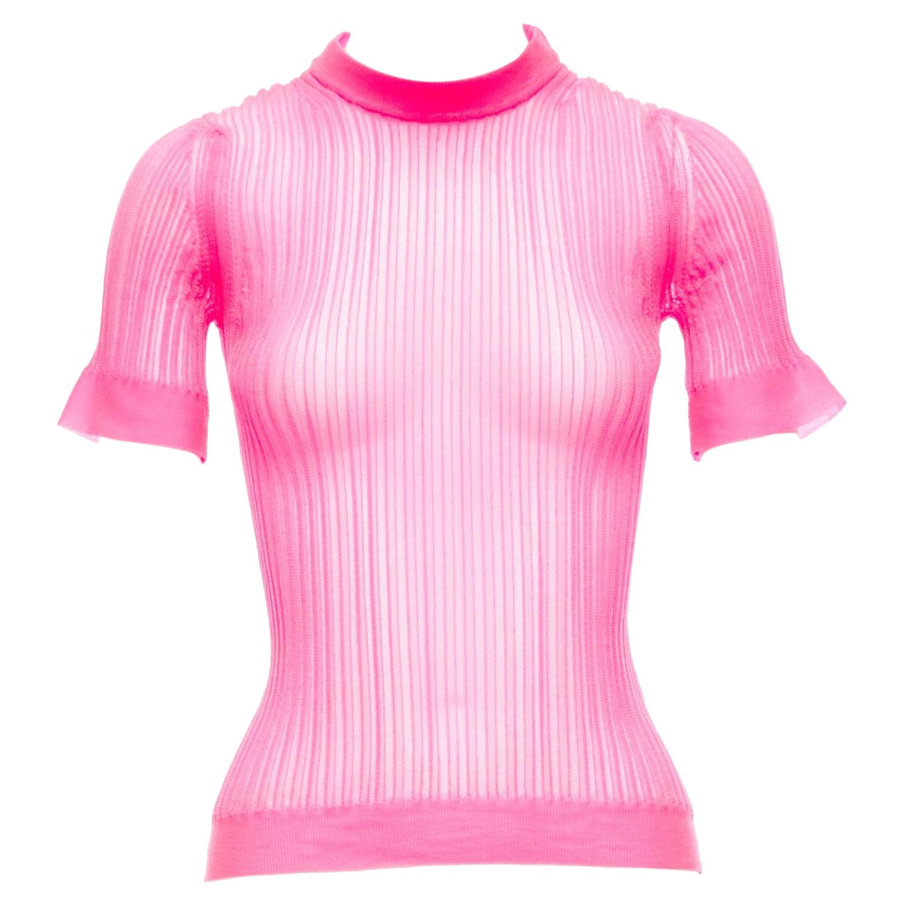 CECILIE BAHNSEN Fabienne neon pink ribber sheer crew flare sleeve top XS For Sale