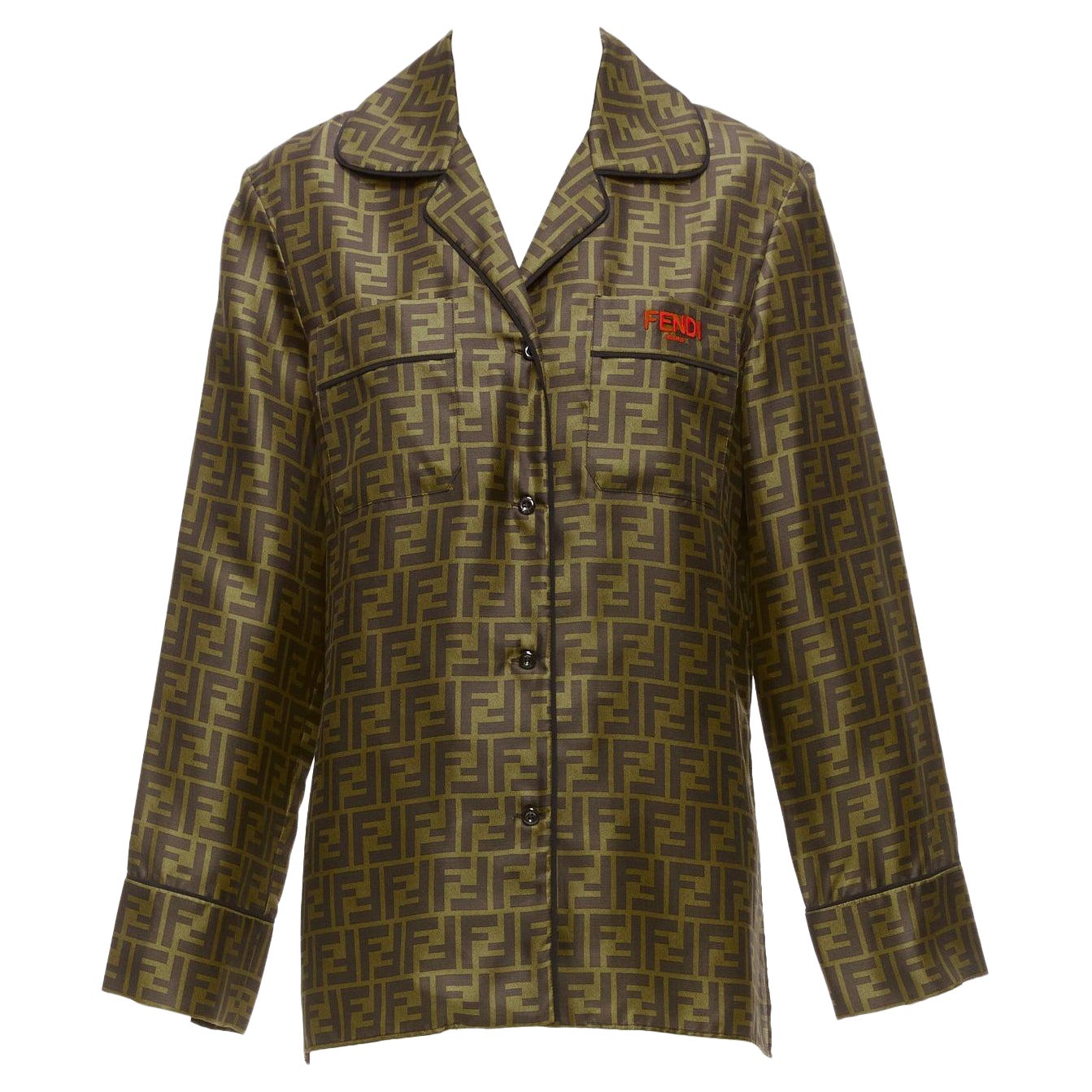 FENDI  100% silk twill FF Zucca monogram red embroidery pajama shirt IT38 XS For Sale
