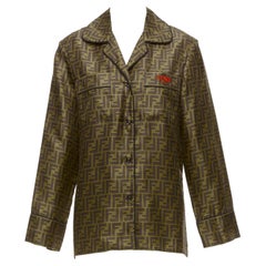 FENDI  100% Seiden-Twill FF Zucca Monogramm-Pajama-Hemd aus Seide mit roter Stickerei IT38 XS