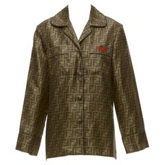 FENDI 100% silk twill FF Zucca monogram red embroidery pajama shirt IT38 XS