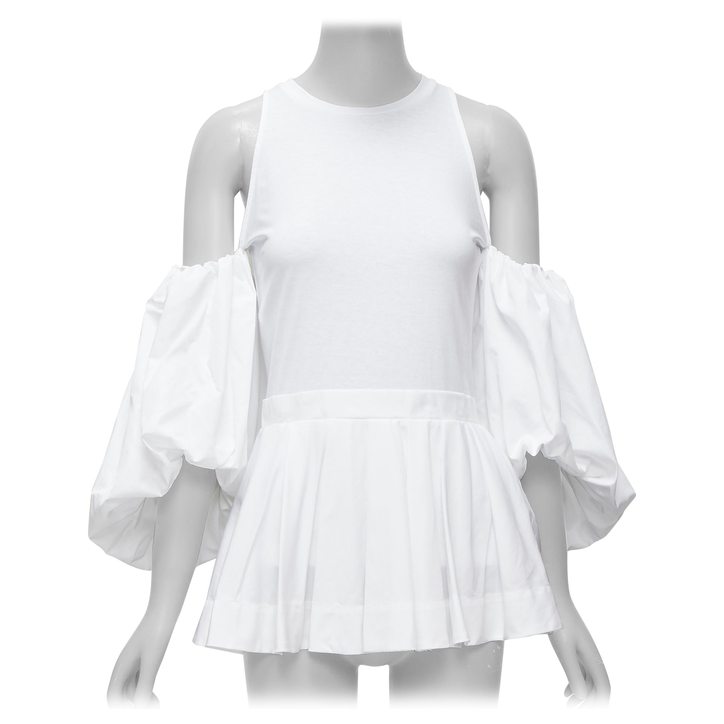 ALEXANDER MCQUEEN white cotton cold shoulder puff sleeve peplum tshirt IT38 XS For Sale