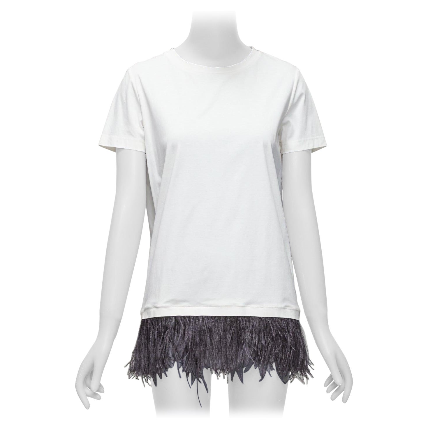 JIL SANDER white cotton black ostrich feather trim crew neck tshirt S For Sale