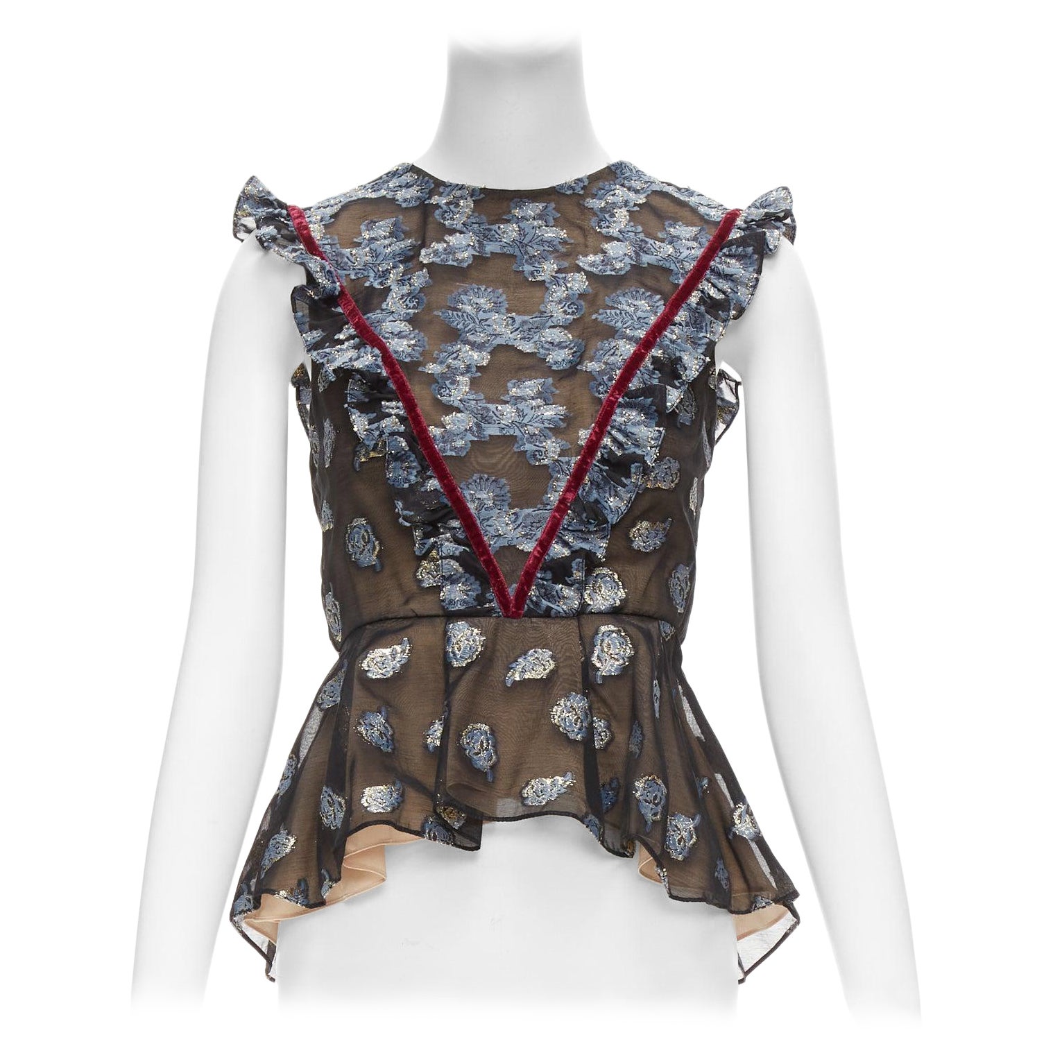 ERDEM 2016 multicolour velvet trim gold blue jacquard frill peplum top UK6 XS For Sale