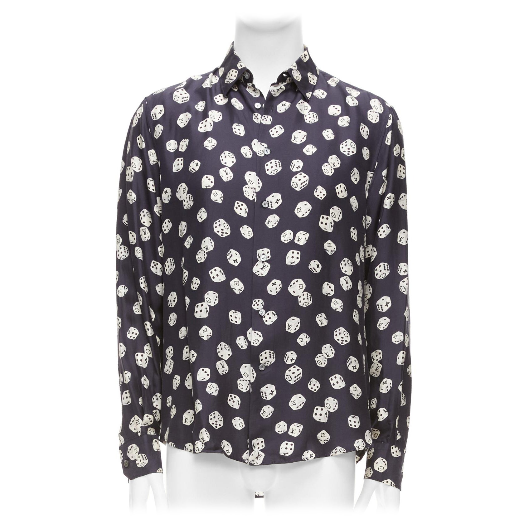 LOUIS VUITTON navy cream 100% silk LV logo dice print regular fit shirt M For Sale